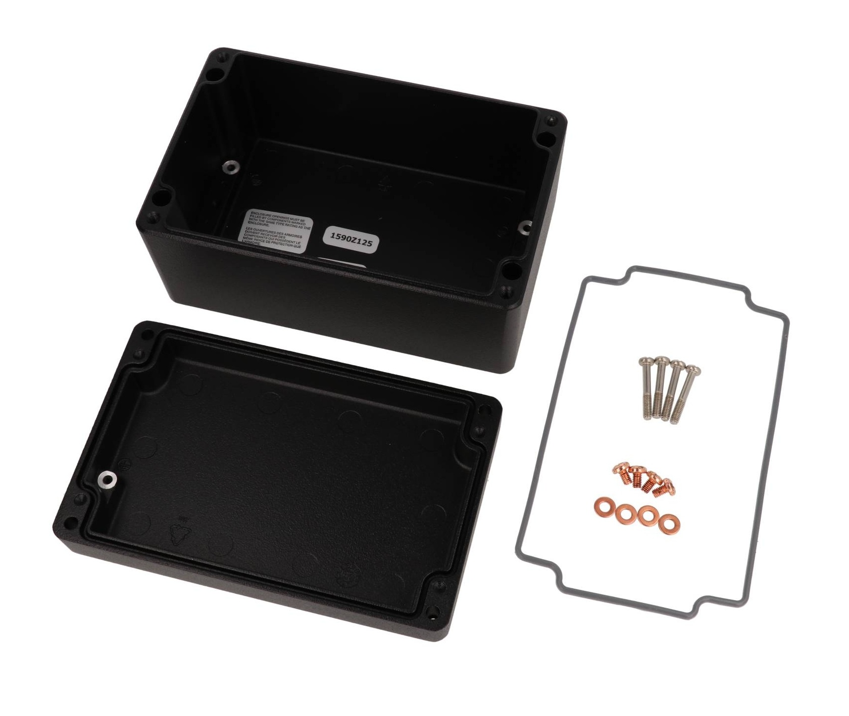 1590Z125BK textured black diecast aluminum enclosure, 160 x 100 x 80 mm