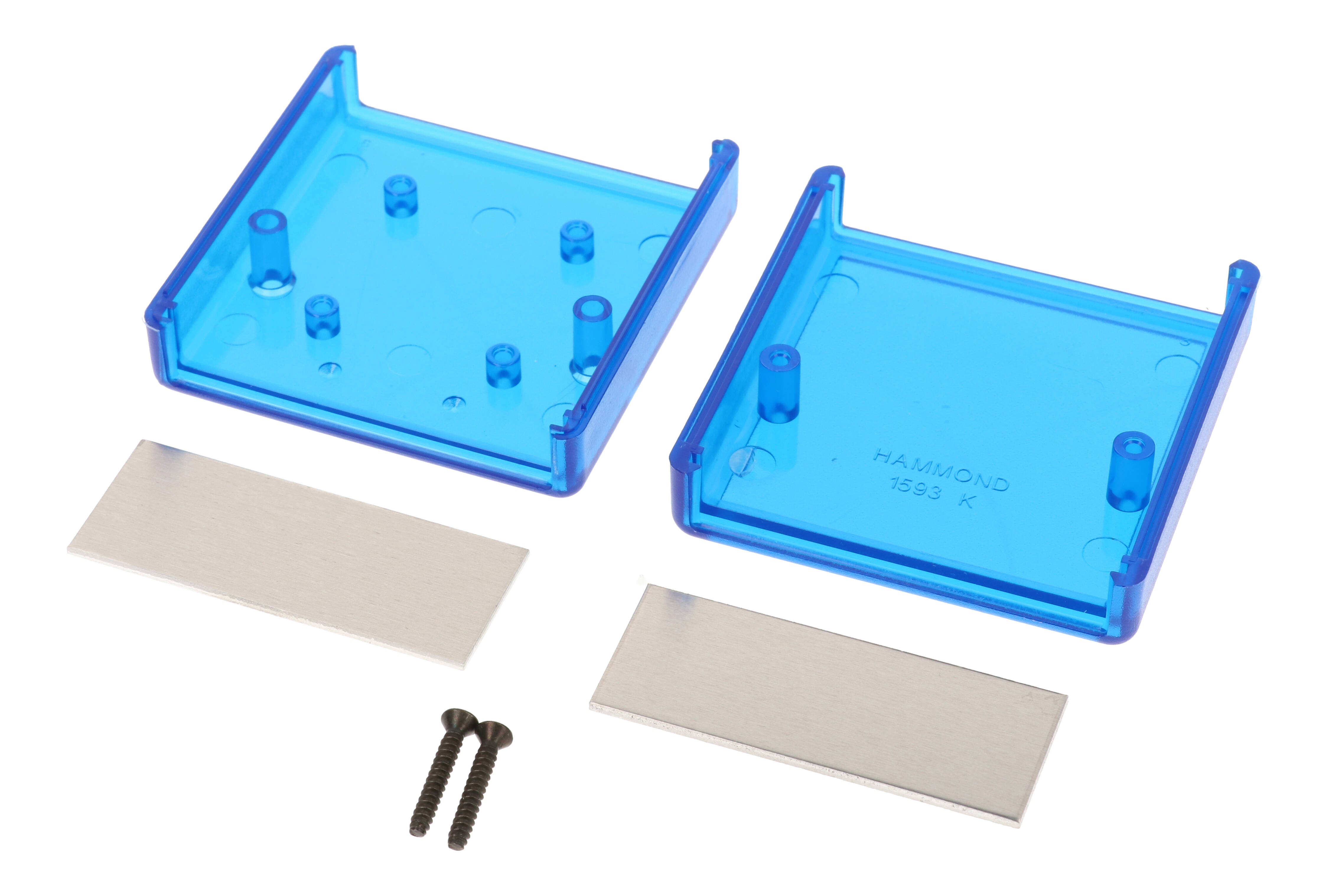 1593KALTBU transparent blue ABS handheld enclosure with aluminum end panels
