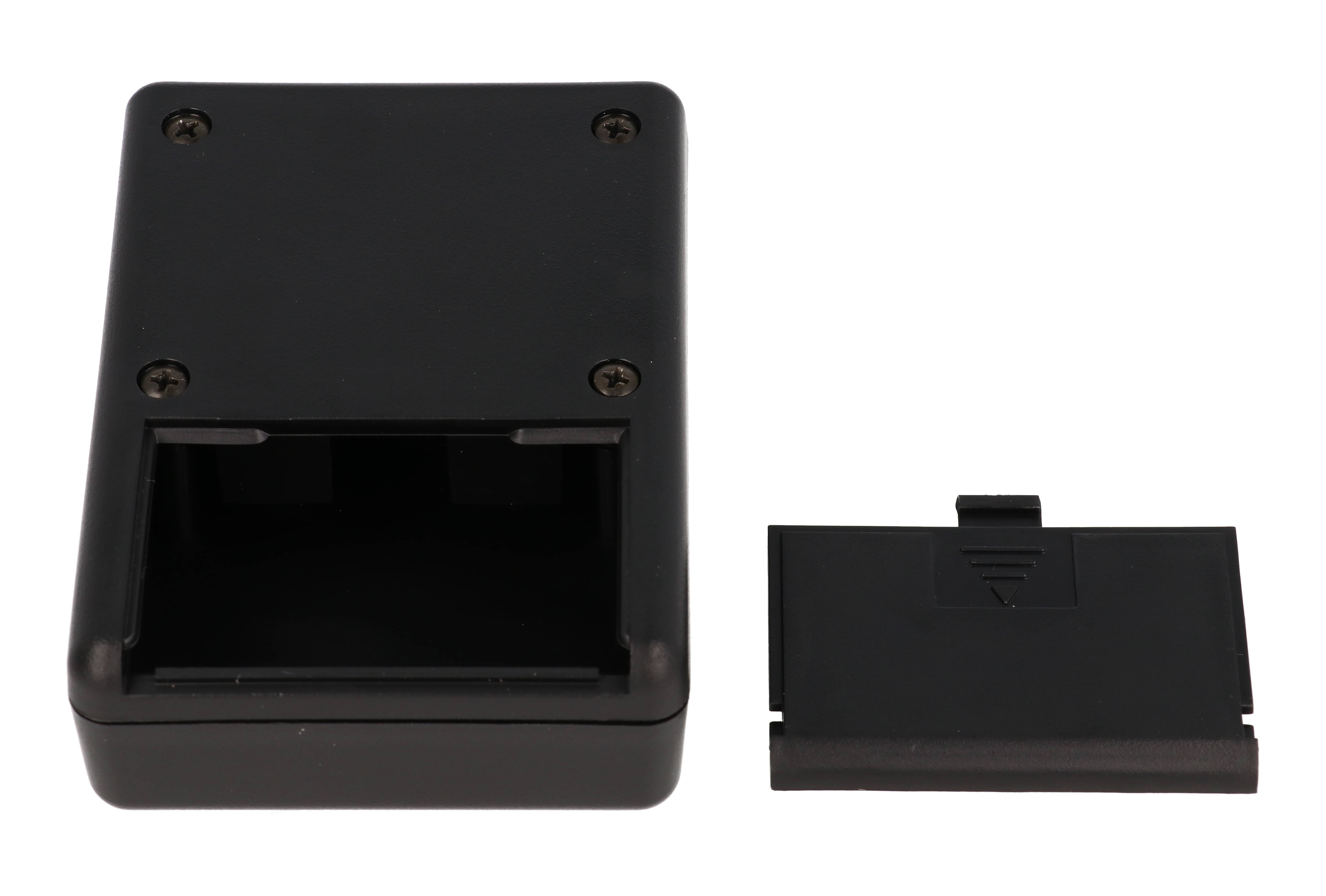 1593PALBK black ABS handheld enclosure with battery door and aluminum front panel