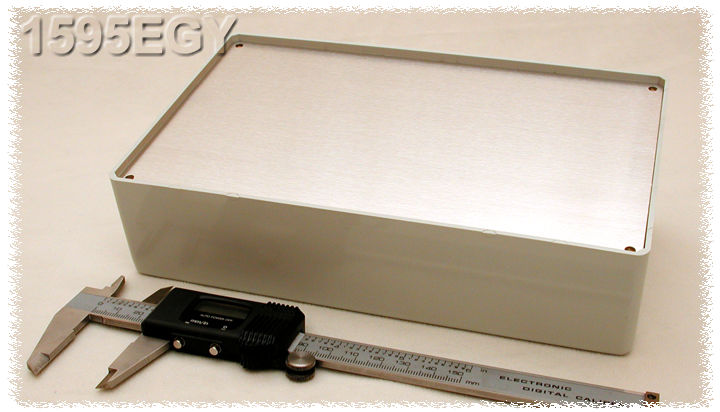 1595EGY light gray sloped plastic console enclosure with recessed aluminum front panel, 215 x 130 mm