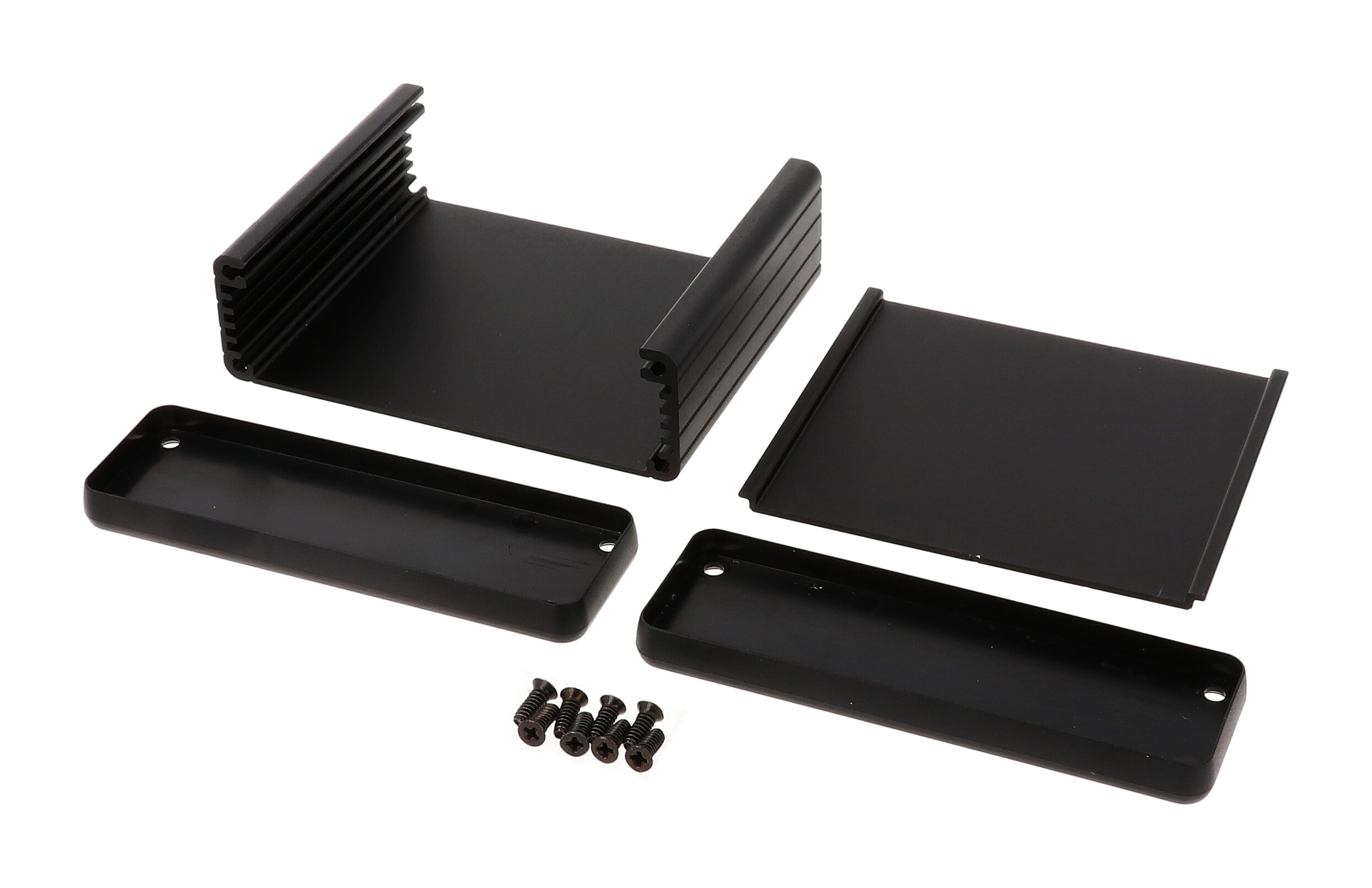 1455L802BK black anodized extruded aluminum PC board enclosure, 80 x 103 x 30.5 mm, with black plastic end panels