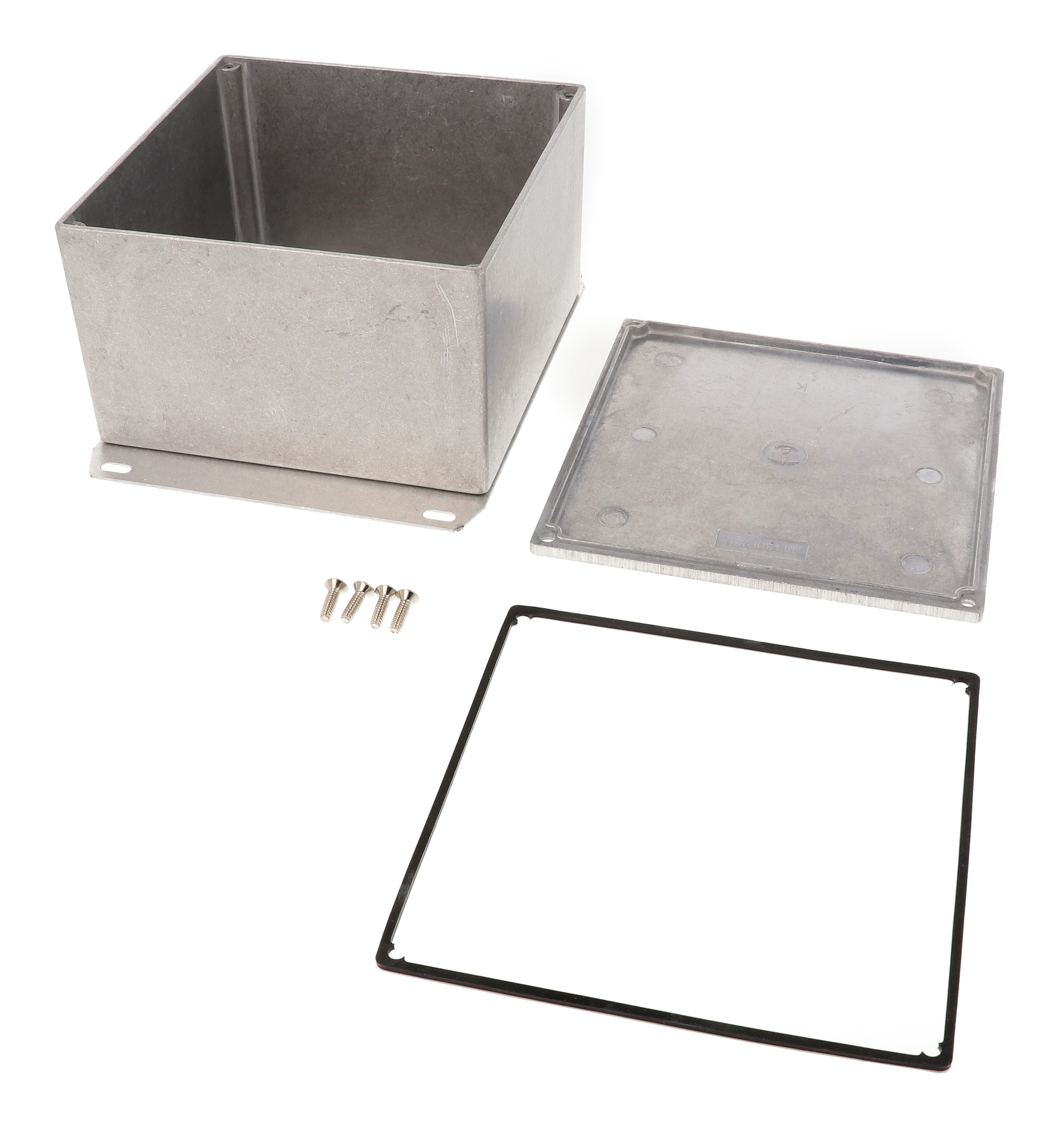1590WKF natural aluminum IP65 watertight diecast enclosure, 125 x 125 x 79 mm, with flanged bottom plate