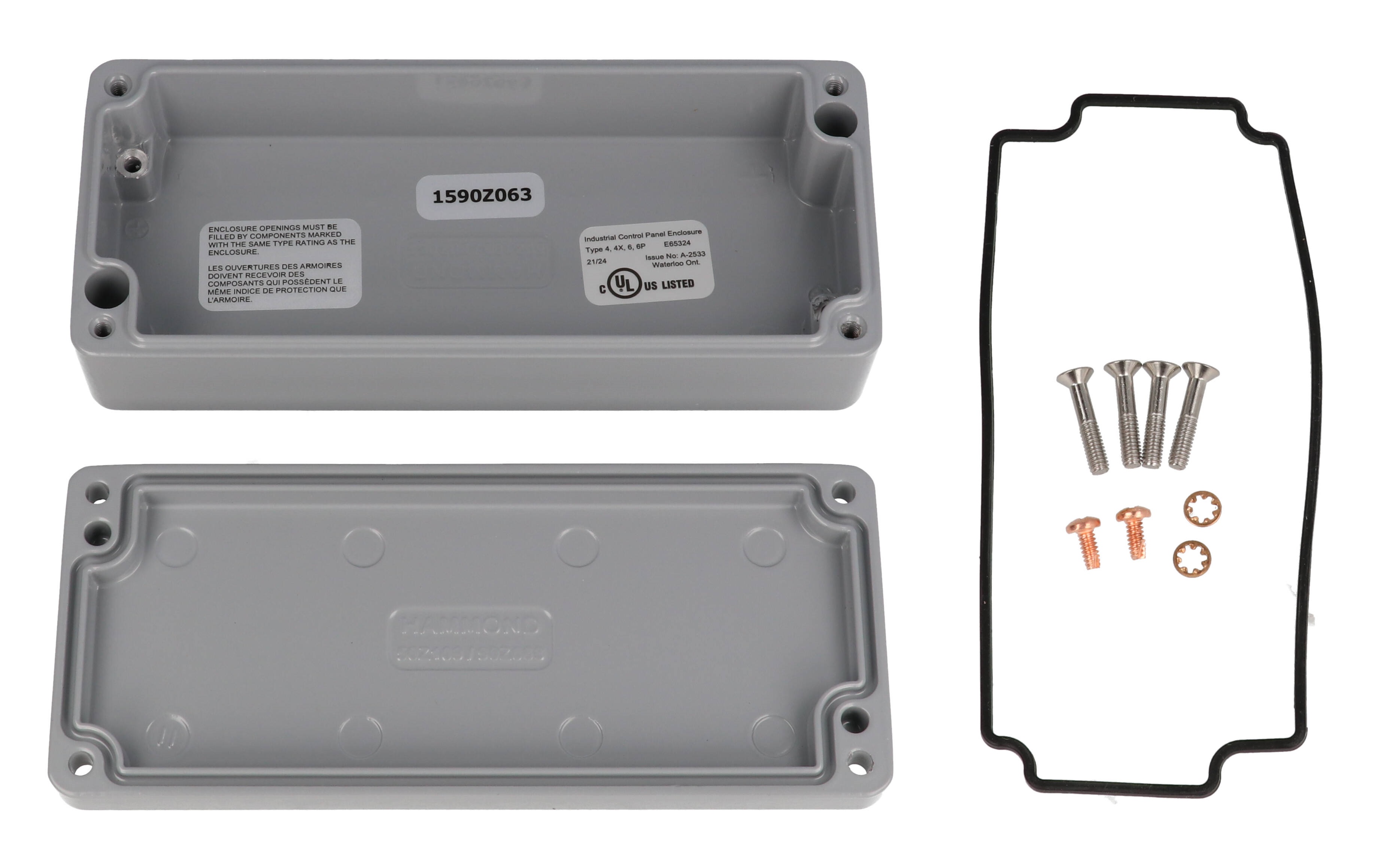 1590Z063GY gray RAL 7001 powder painted diecast aluminum enclosure, 150 x 64 x 36 mm, with lid and recessed screws