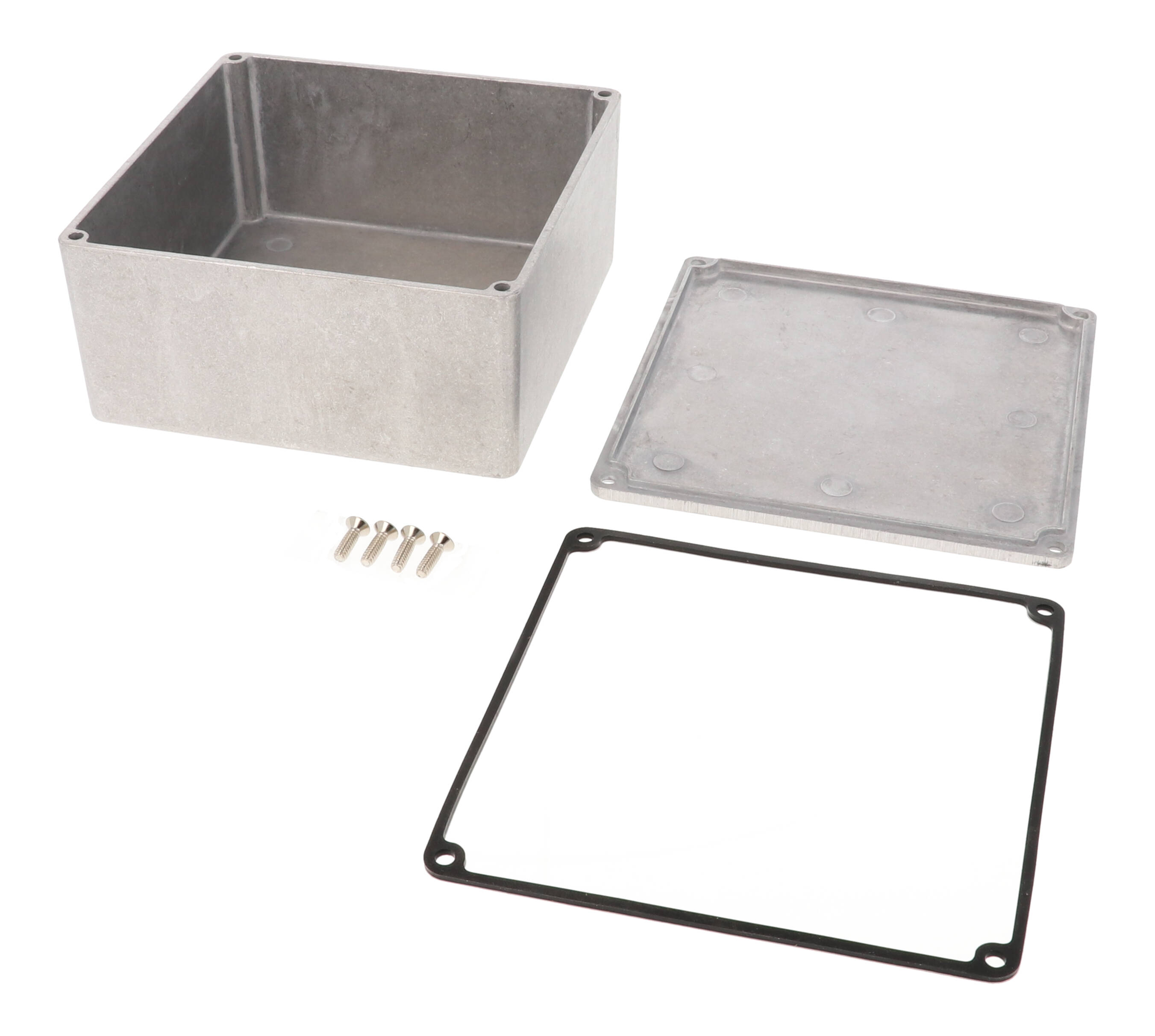 1590WU natural aluminum IP65 water-tight diecast aluminum enclosure with no mounting flanges, 120x120x59mm