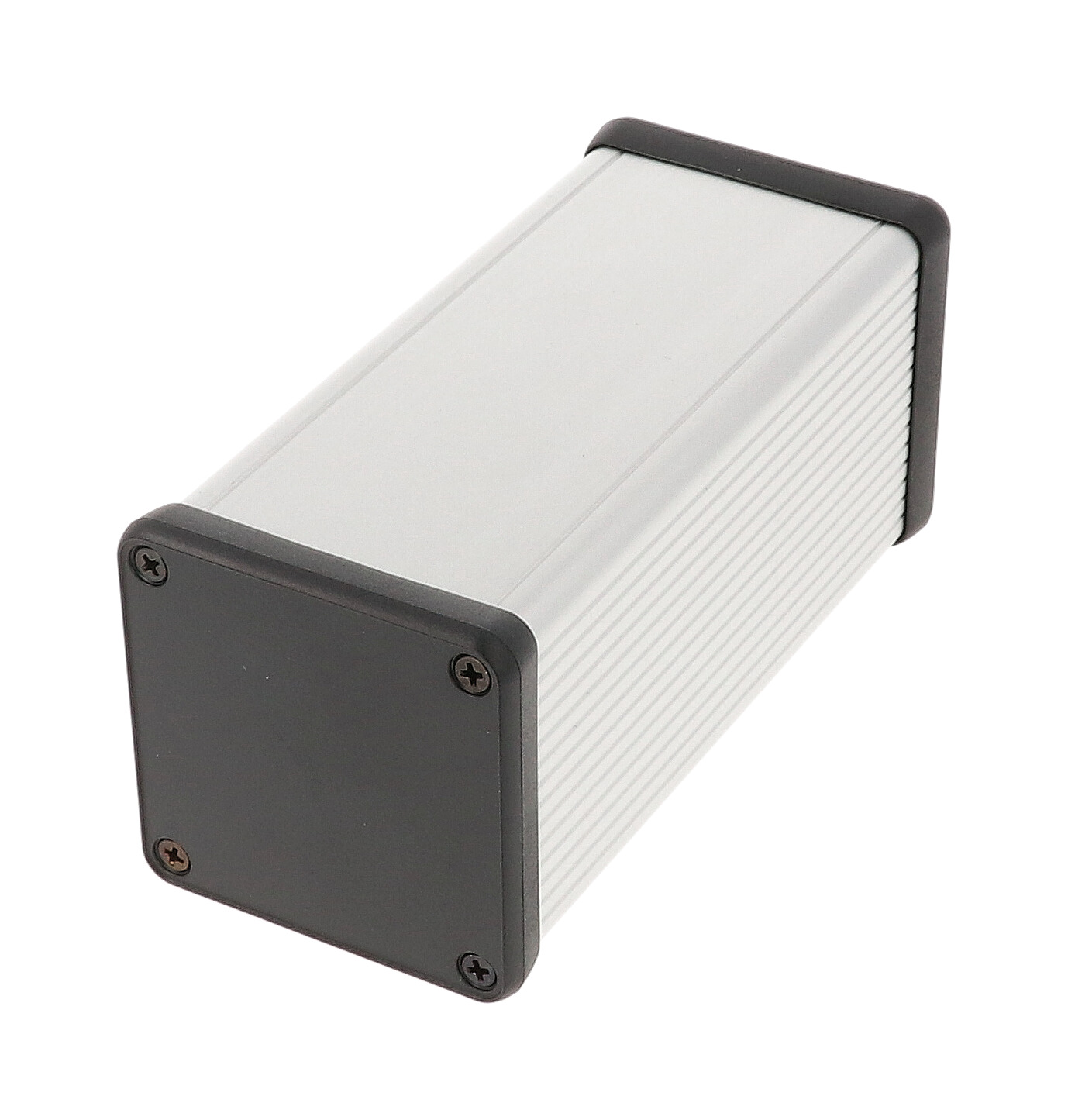 1455CS1202 clear anodized 120 x 54 x 54 mm square extruded aluminum enclosure with closed black plastic end panels