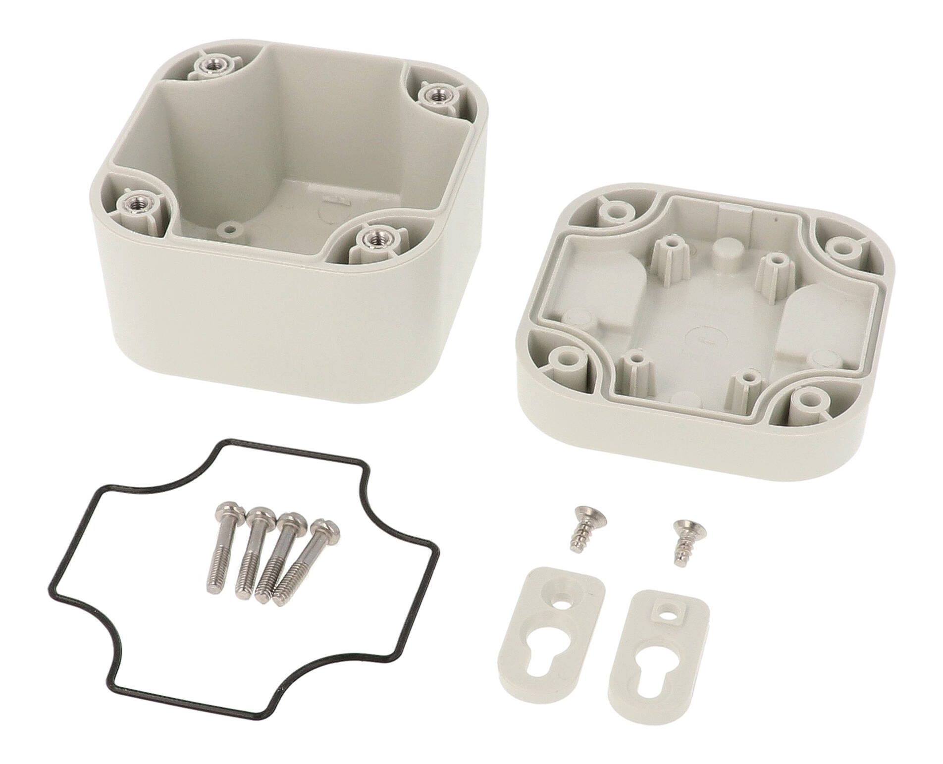 1557BAGY light gray ABS watertight enclosure, 80 x 80 x 60 mm, with rounded corners and screw-secured lid