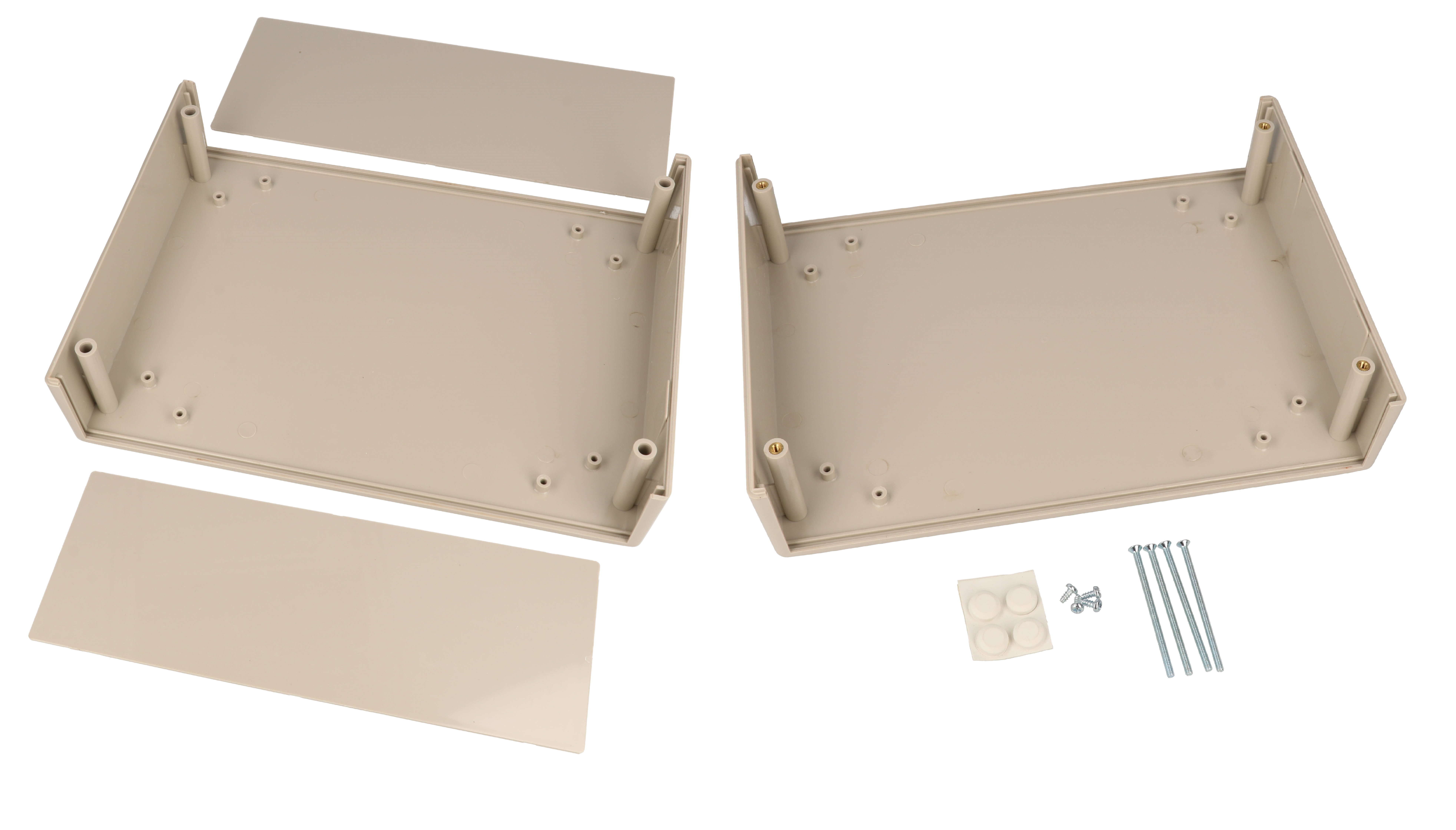 RM2095L light grey ABS instrument enclosure, 250 x 180 x 101 mm clam shell case with front and rear panels