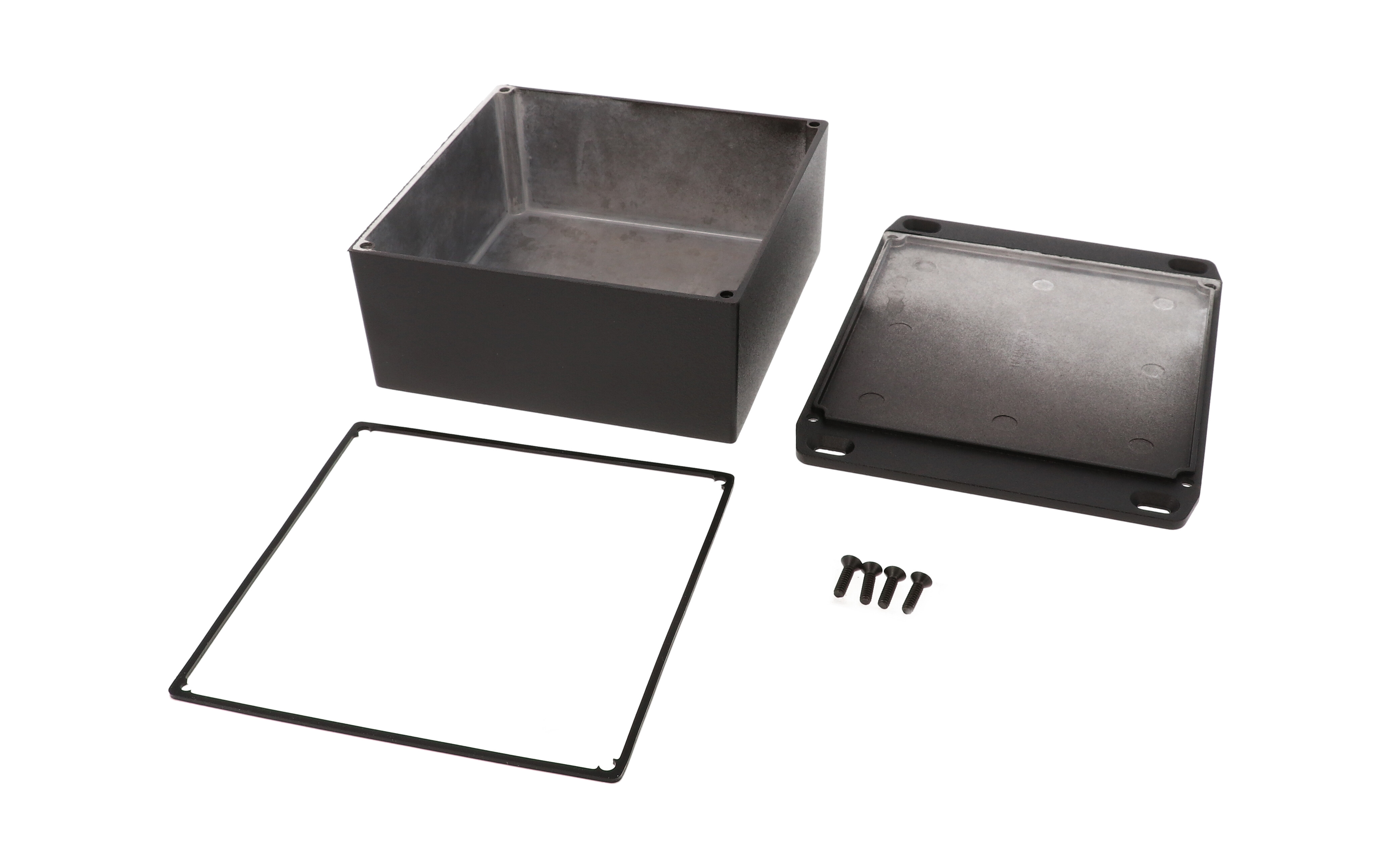1590WKKFLBK black watertight diecast aluminum enclosure with flanged lid, 125 x 125 x 57 mm