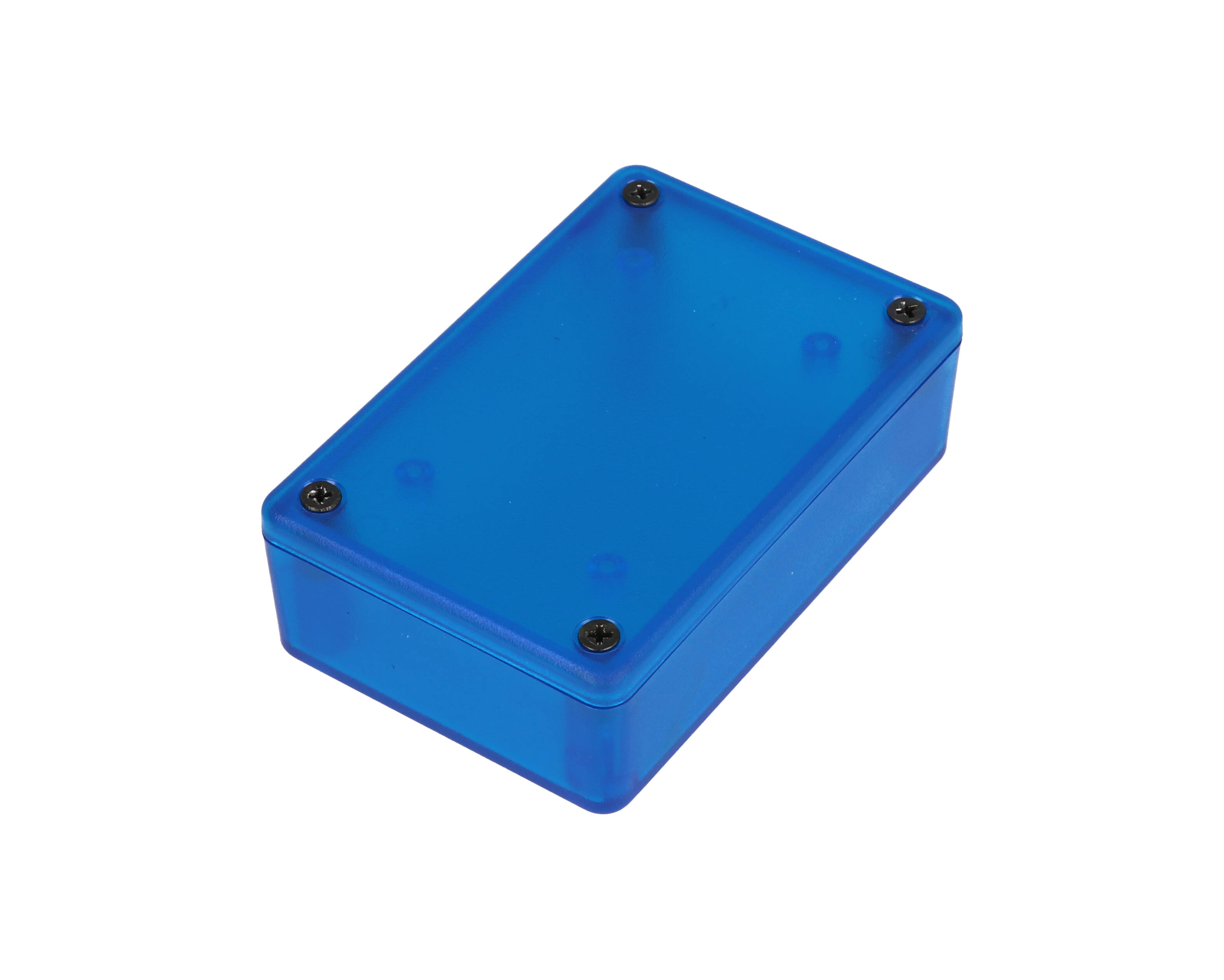 1591XXMTBU transparent blue ABS plastic enclosure with PC board standoffs, 86 x 57 x 27 mm