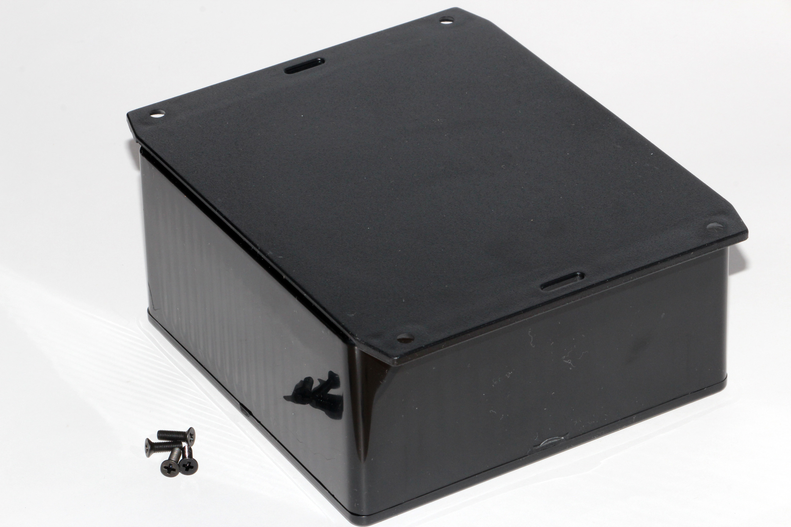 1591UF2BK black flame retardant ABS enclosure with bottom mounting flange, 120 x 120 x 59 mm