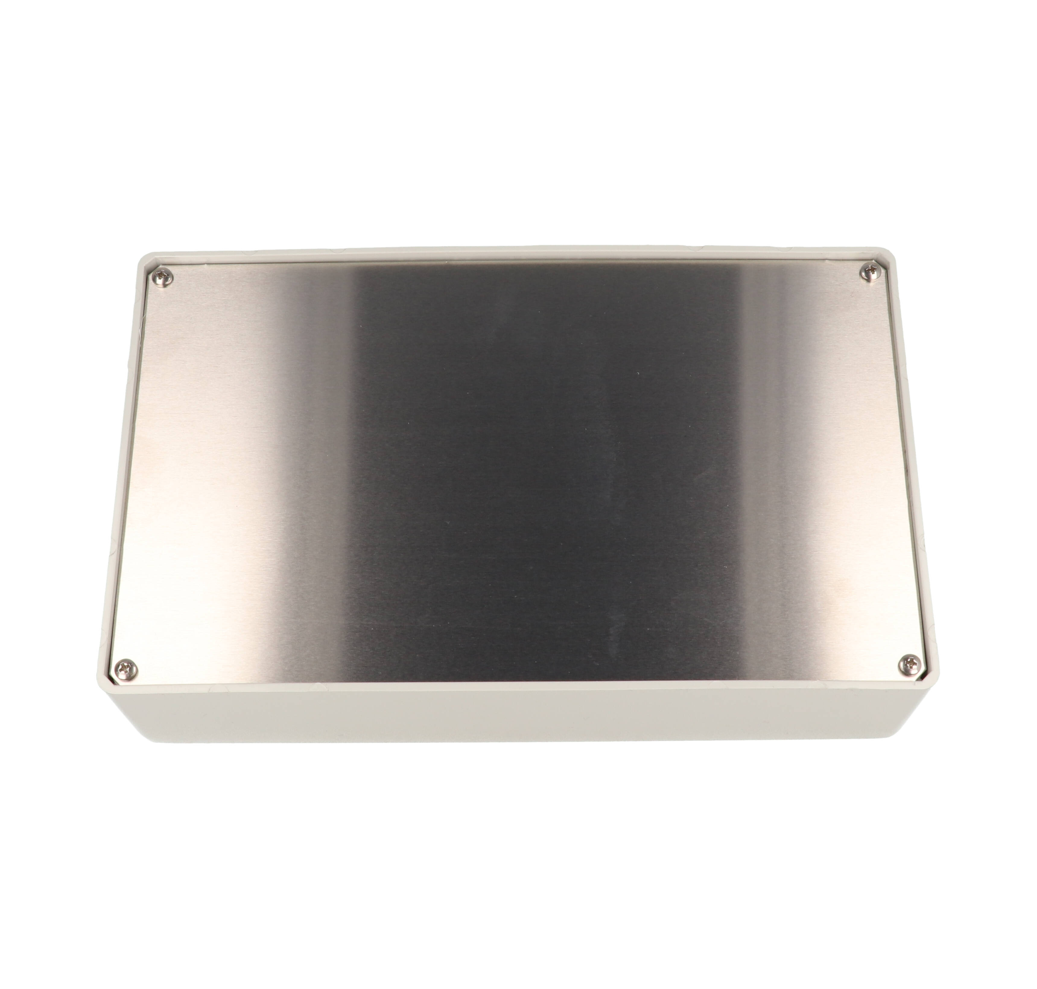 1595EGY light gray sloped plastic console enclosure with recessed aluminum front panel, 215 x 130 mm