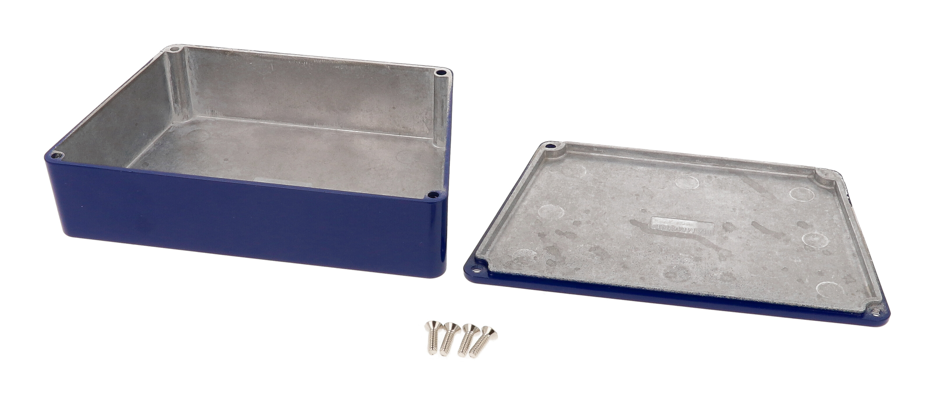 1590TRPCCB cobalt blue painted diecast aluminum wide trapezoid stomp box enclosure with lid and cover screws