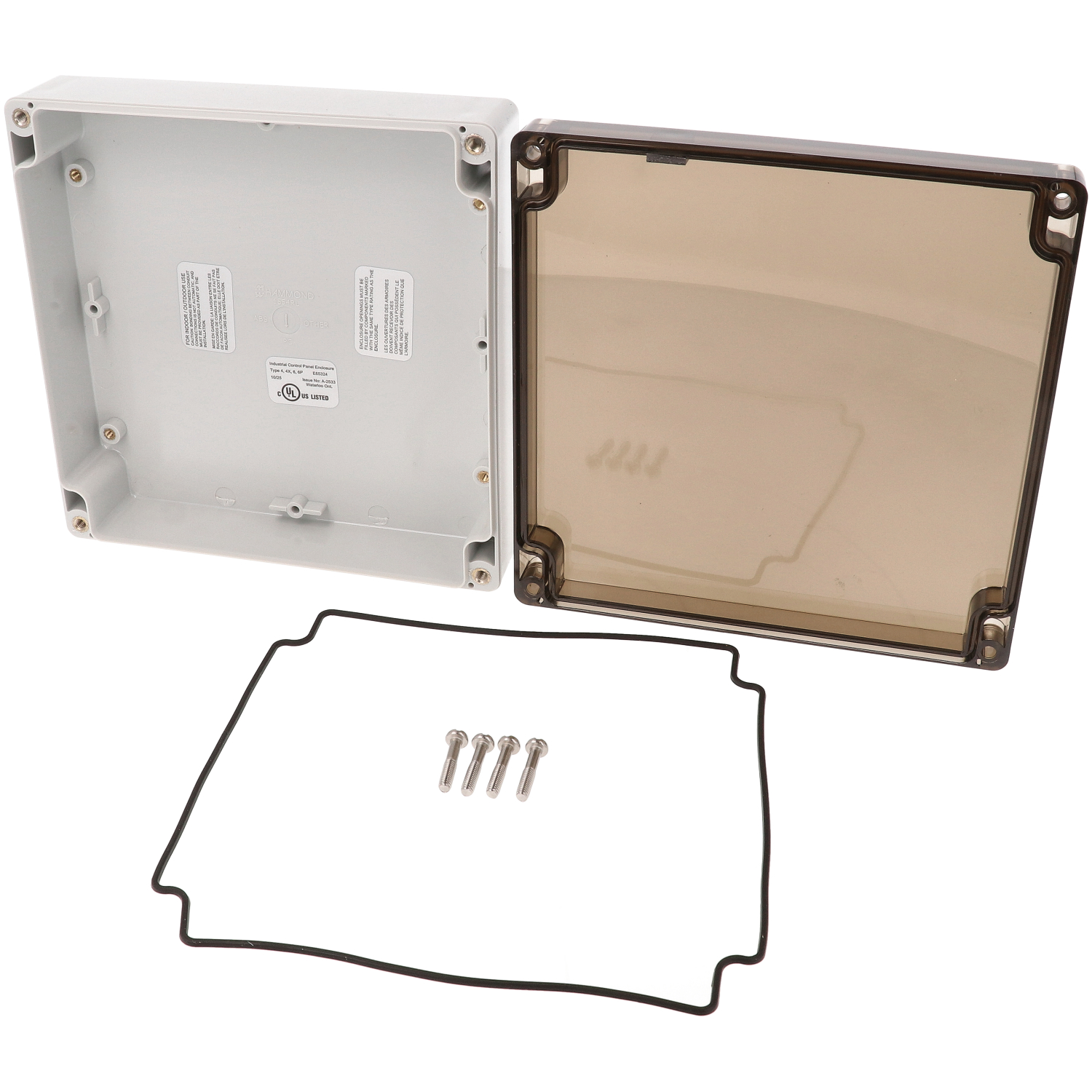 1554RL2GYSL light gray polycarbonate 160 x 160 x 45 mm watertight enclosure with smoked lid