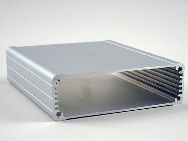 1457L1202 clear anodized watertight extruded aluminum enclosure, 120 x 104 x 32.00 mm, with black flanged diecast end panels