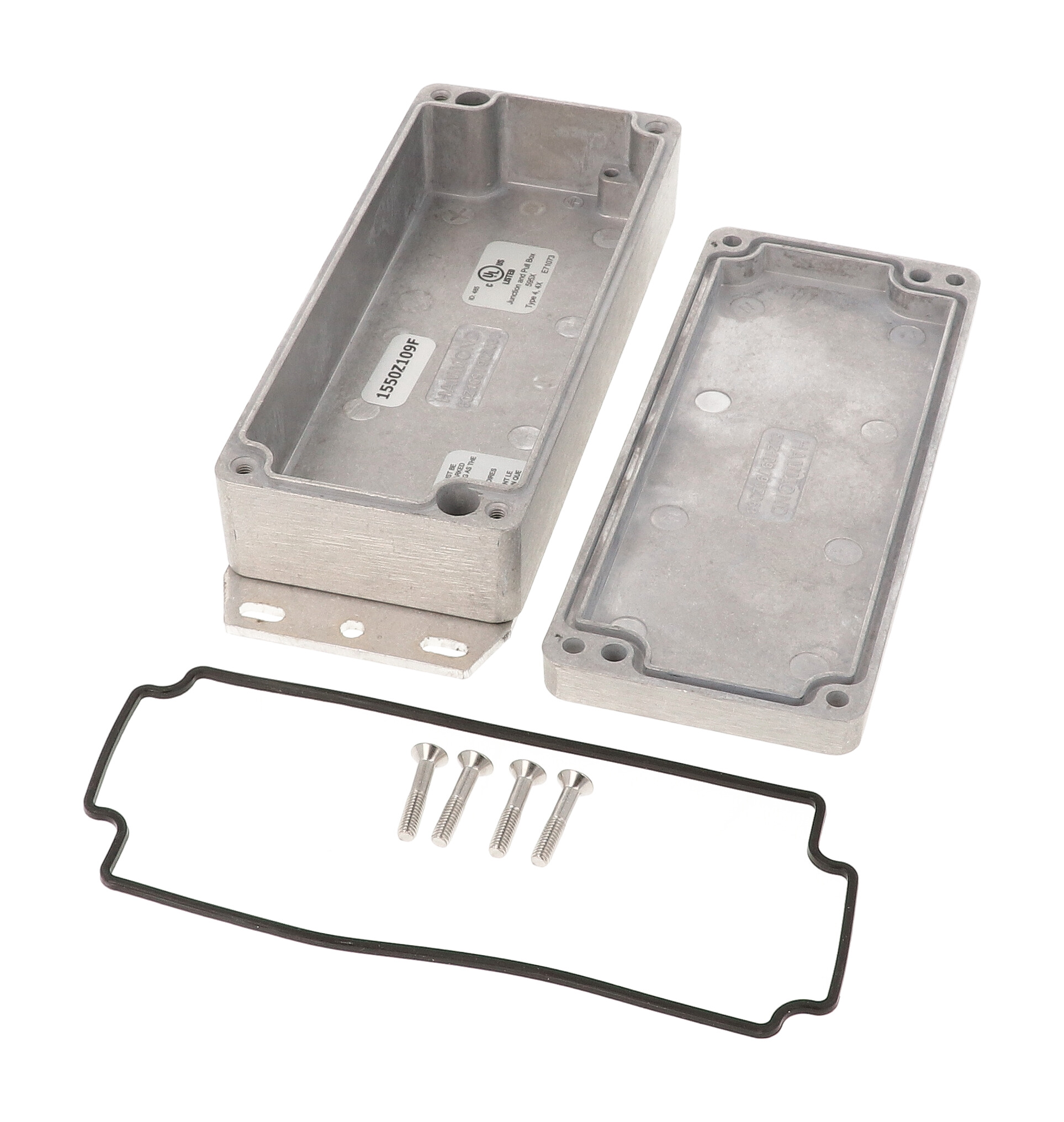 1550Z109F unpainted natural aluminum watertight diecast enclosure with flanged base and screw-down lid, 177x64x39 mm