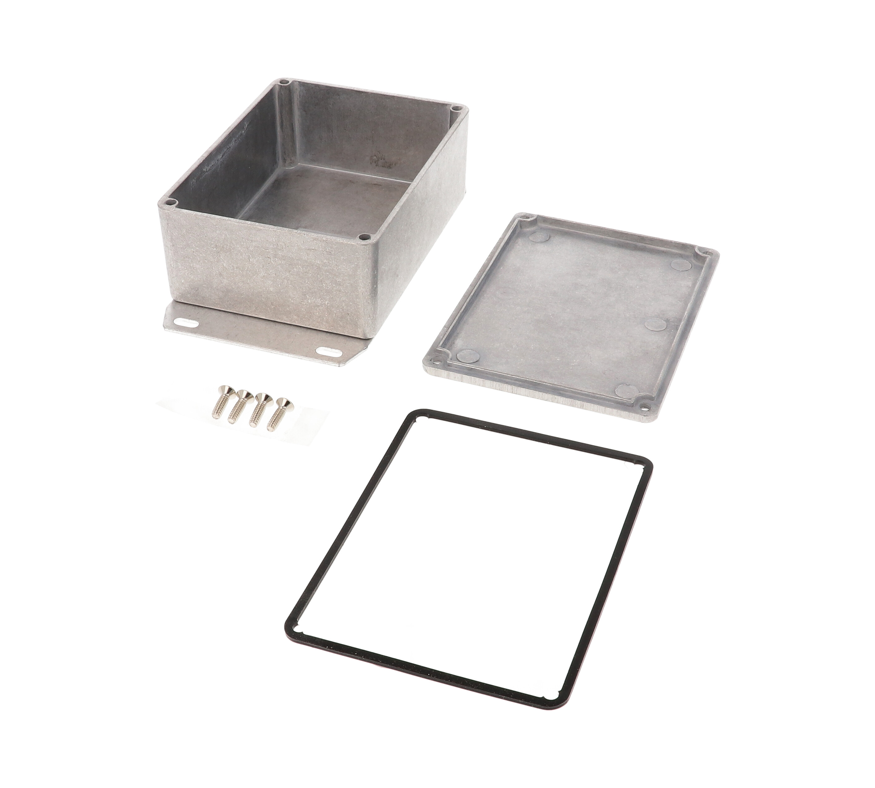 1590WSF natural aluminum IP65 water-tight diecast aluminum enclosure with a welded flanged bottom plate, 110x82x44mm