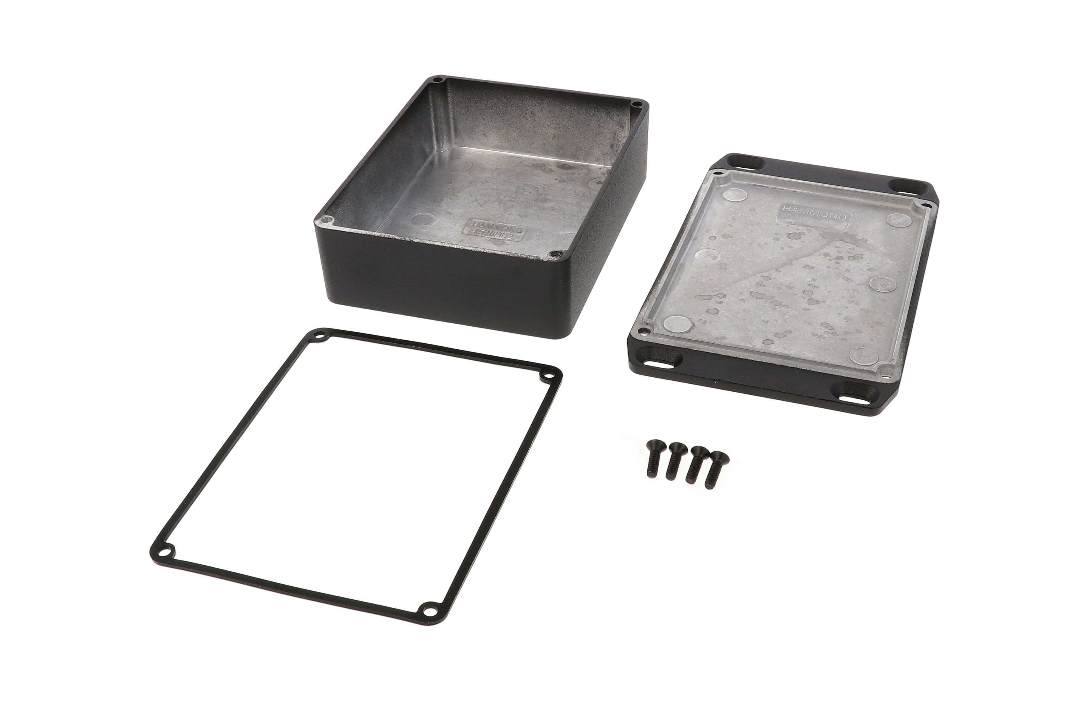1590WBB2FLBK black textured water-tight diecast aluminum enclosure with flanged mounting lid