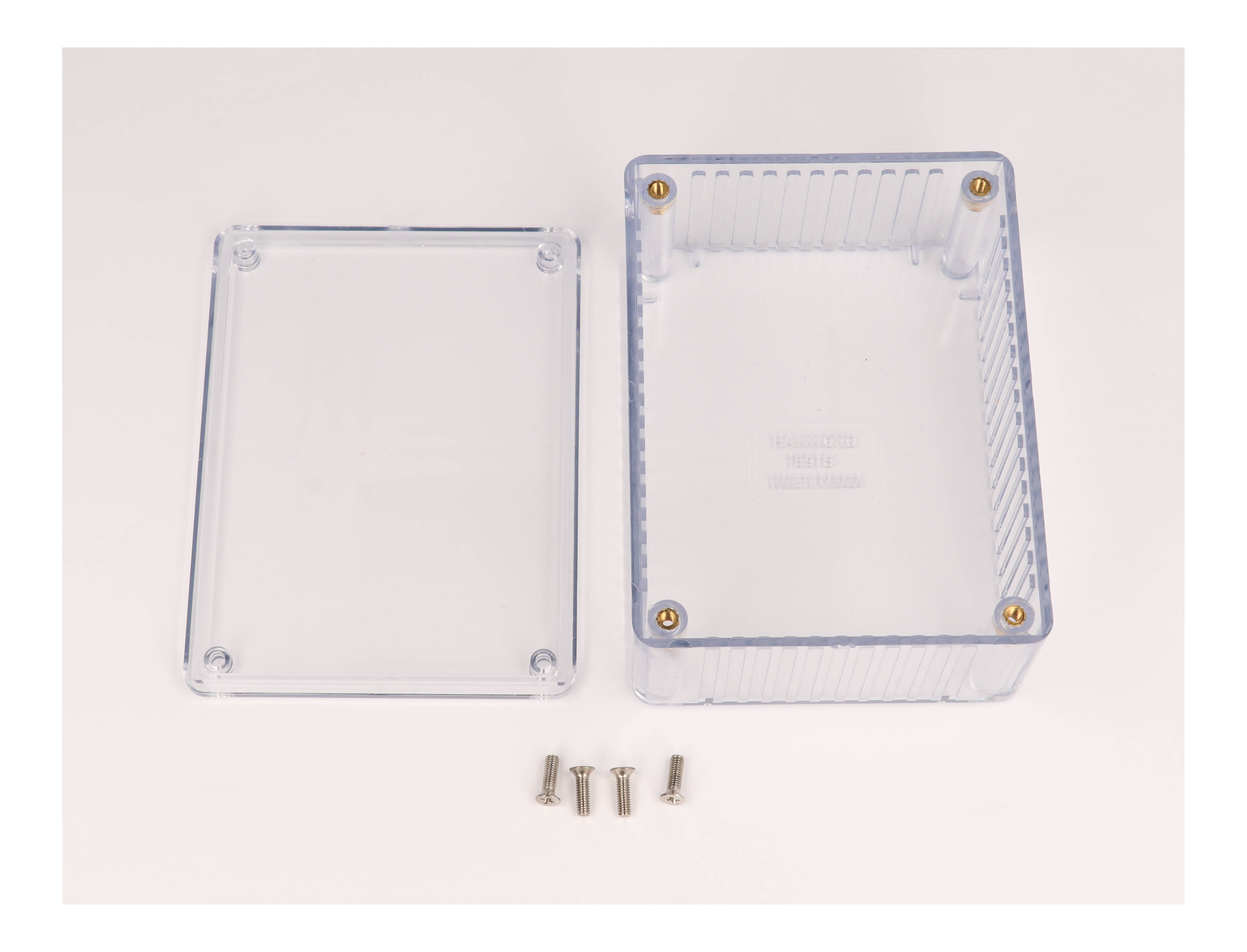 1591STCL crystal clear polycarbonate enclosure, 110 x 82 x 44 mm, lid and card guides visible