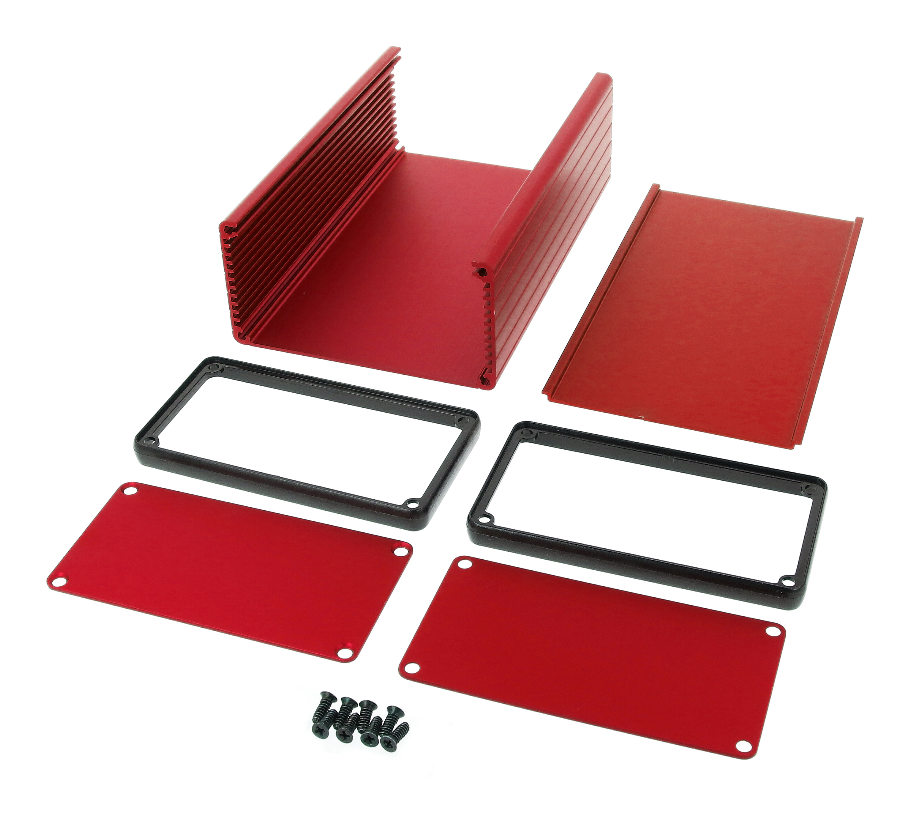 1455N1601RD red anodized extruded aluminum enclosure, 160 x 103 x 53 mm, with metal end panels