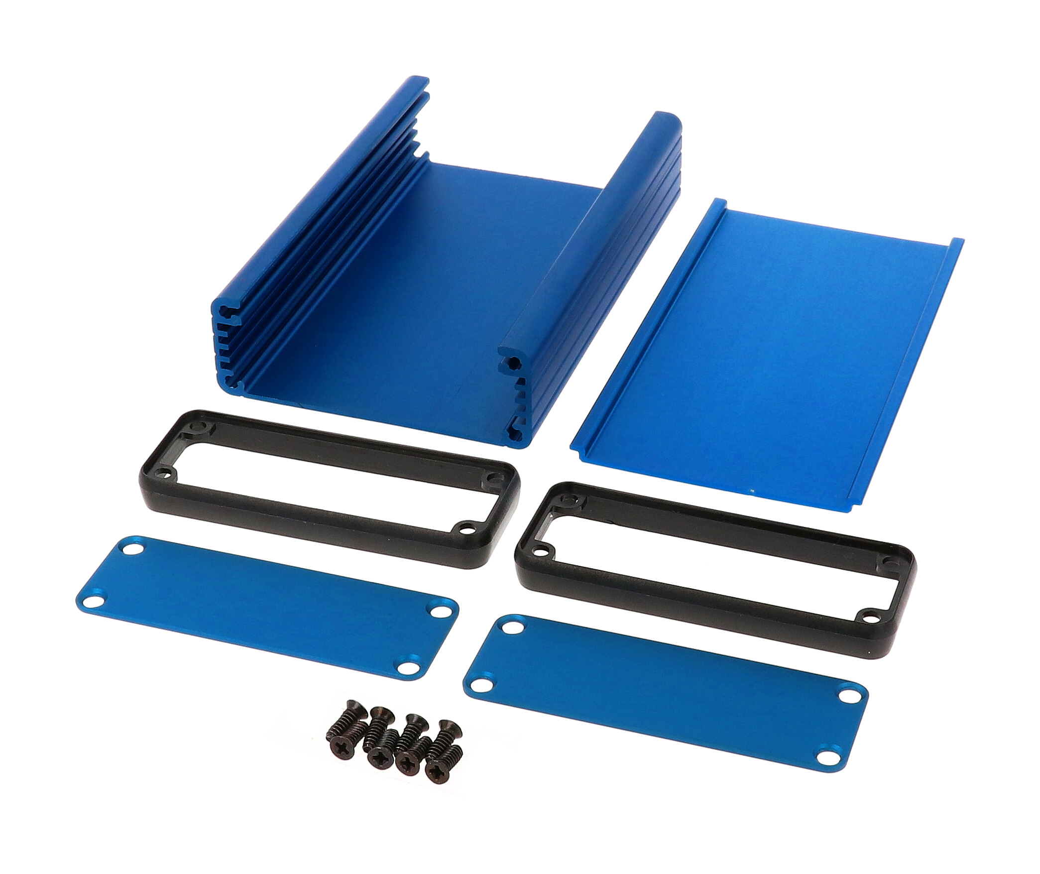 1455J1201BU blue anodized extruded aluminum enclosure, 120 x 78 x 27 mm, with aluminum end panels and open bezels