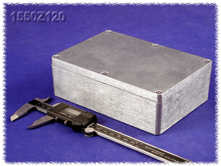 1550Z120 unpainted watertight diecast aluminum enclosure, 171 x 121 x 55 mm, with lid and stainless steel cover screws