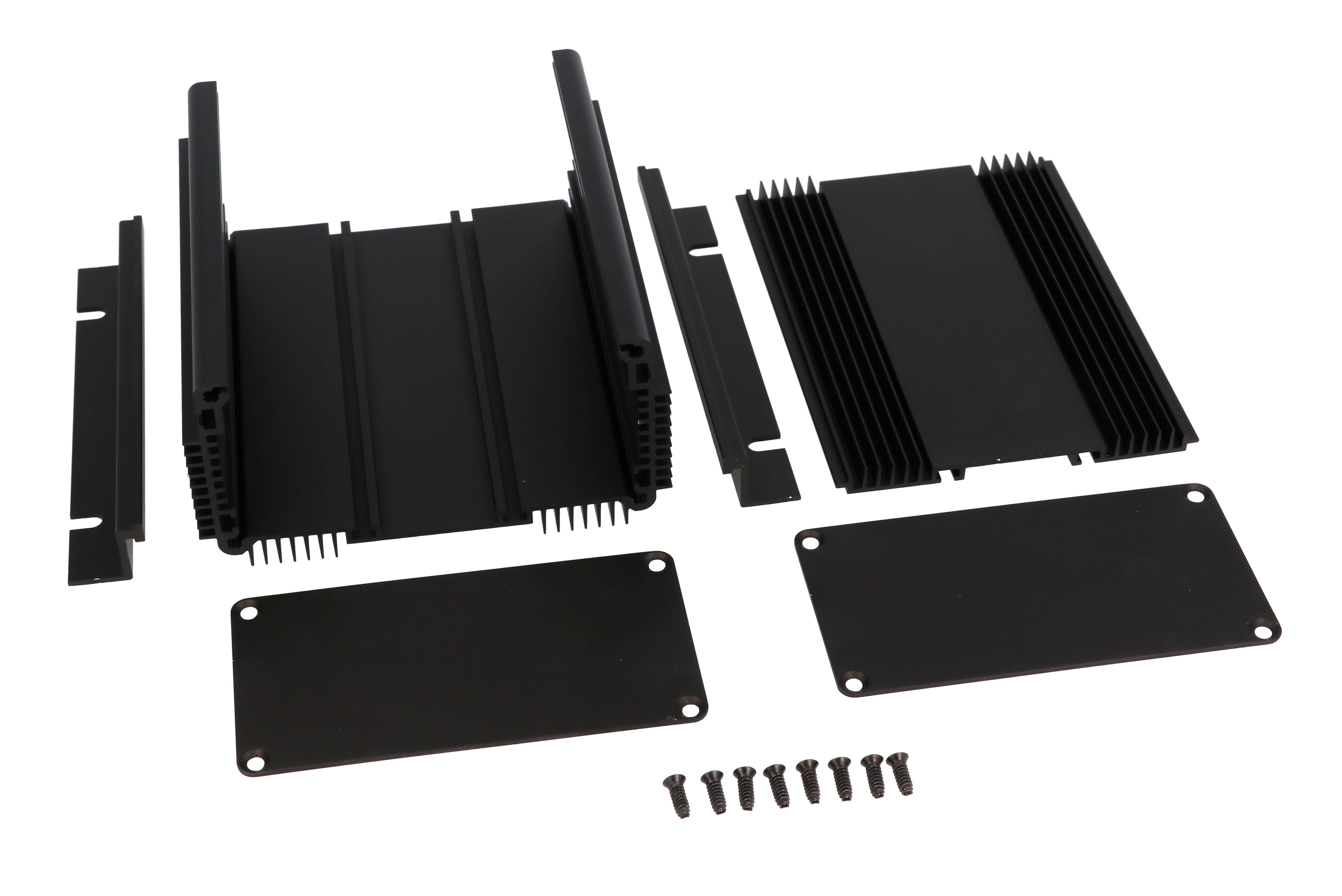 1455NHD1201BK black anodized finned heat dissipating extruded aluminum enclosure, 120 x 111 x 61 mm, with mounting flanges