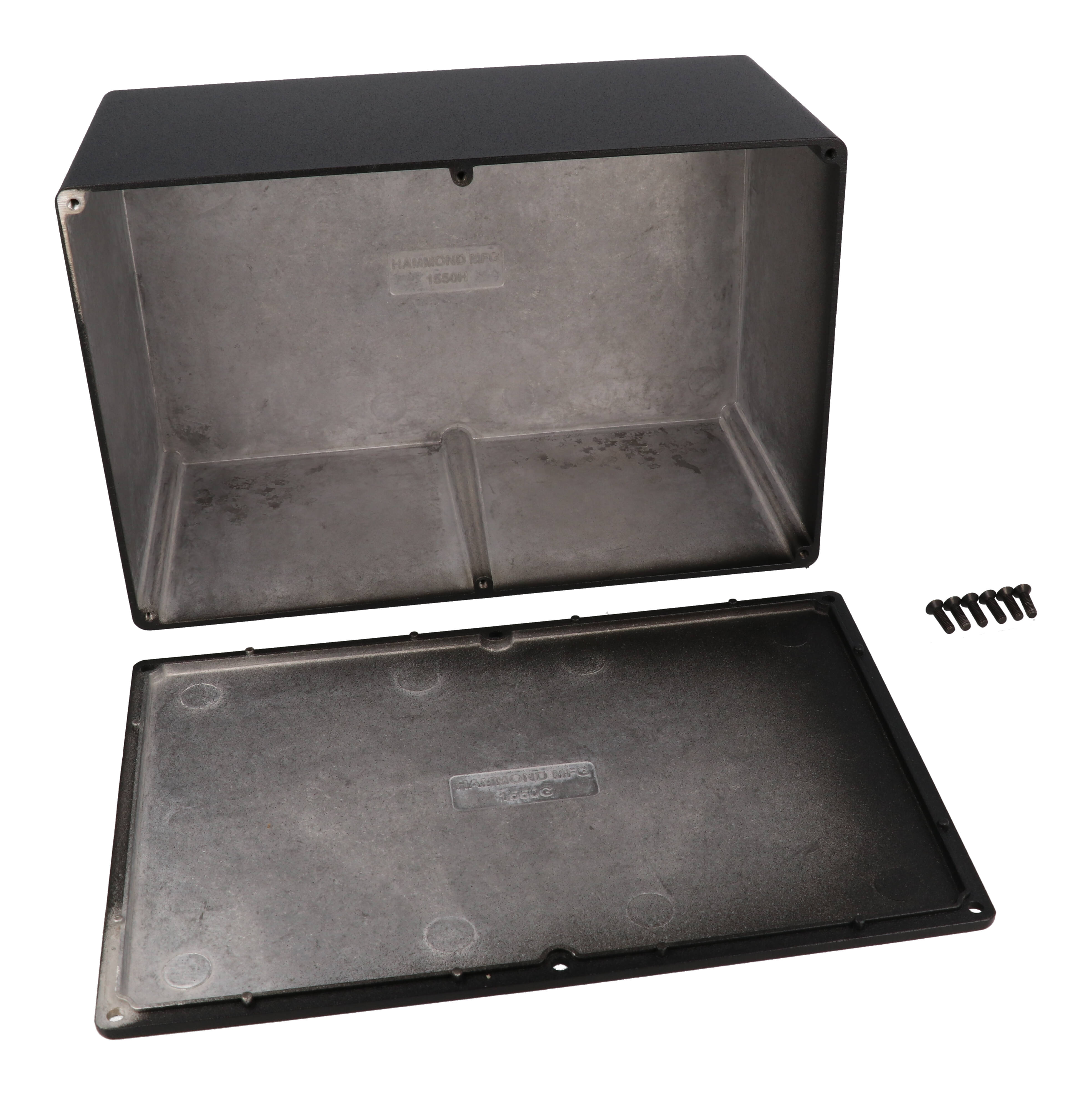 1550HBK black powder coated diecast aluminum enclosure, 222 mm x 146 mm x 101 mm, with screw-down lid