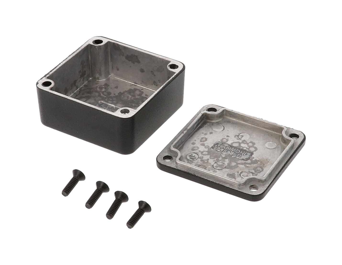 1590LLBBK black textured diecast aluminum enclosure, 51 x 51 x 25 mm, with black cover screws