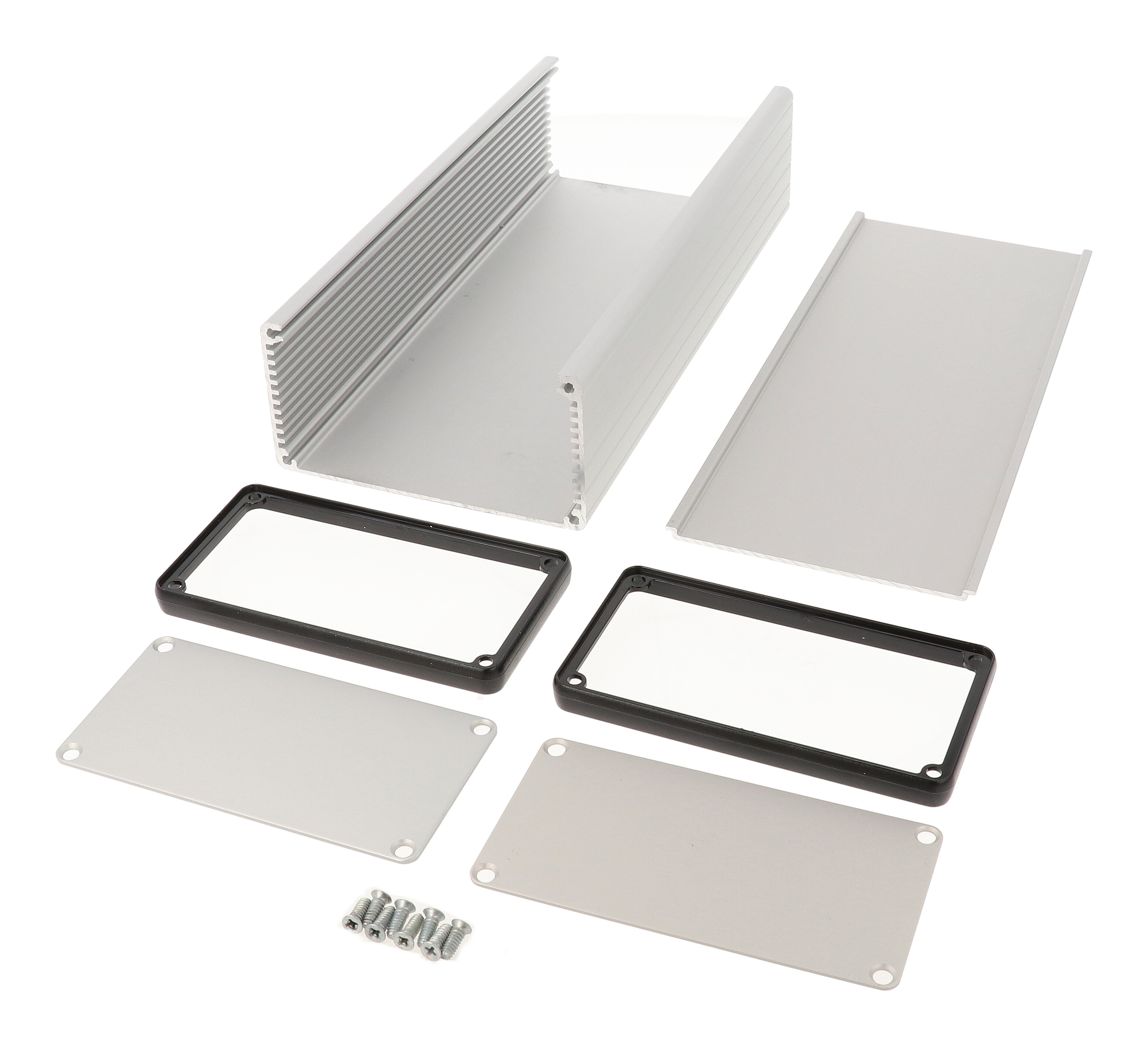 1455N2201 clear anodized extruded aluminum enclosure, 220 x 103 x 53 mm, with metal end panels