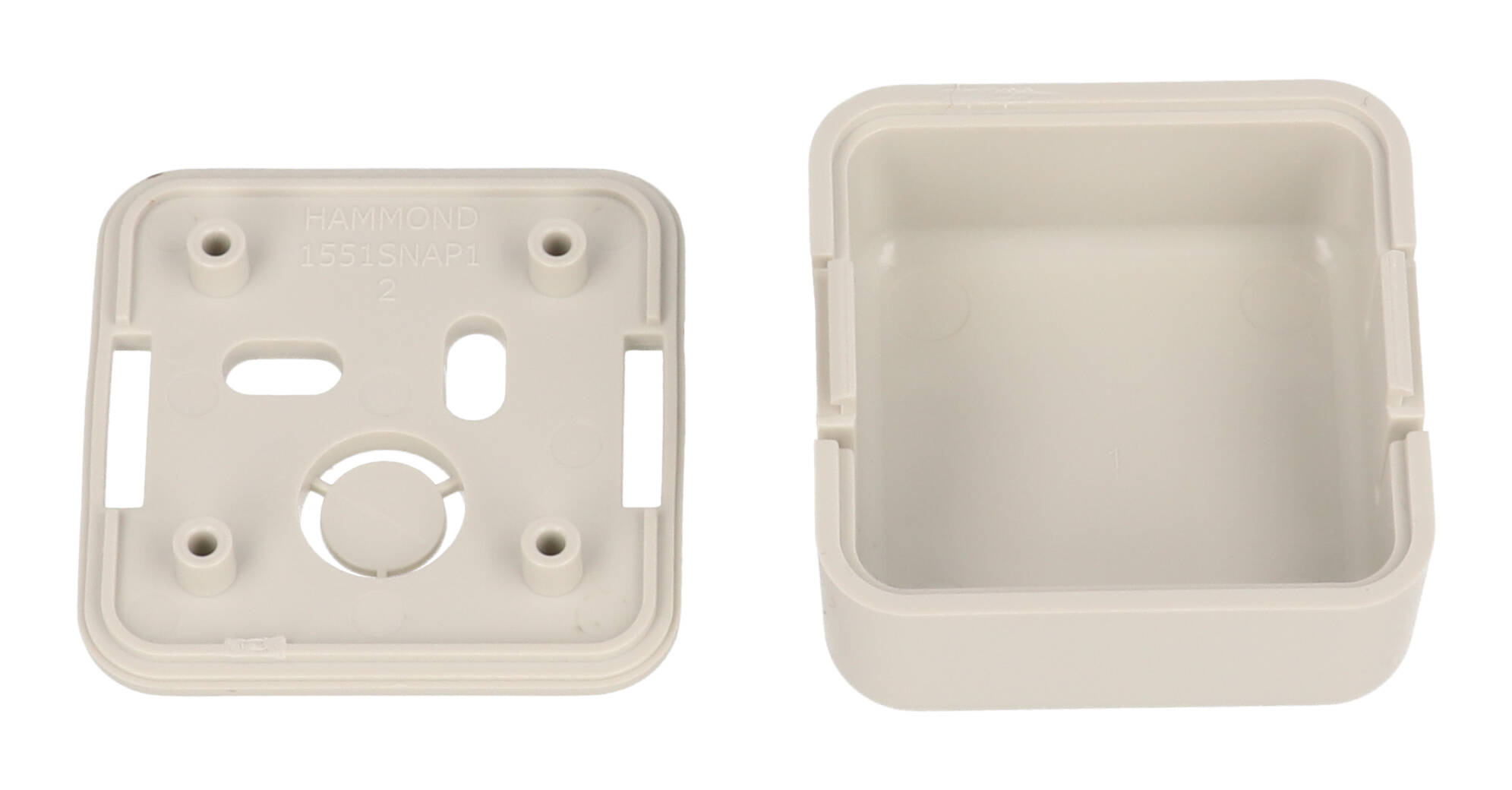 1551SNAP1GY grey unvented snap-fit ABS sensor enclosure, 40 x 40 x 20 mm, with wall-mount slots