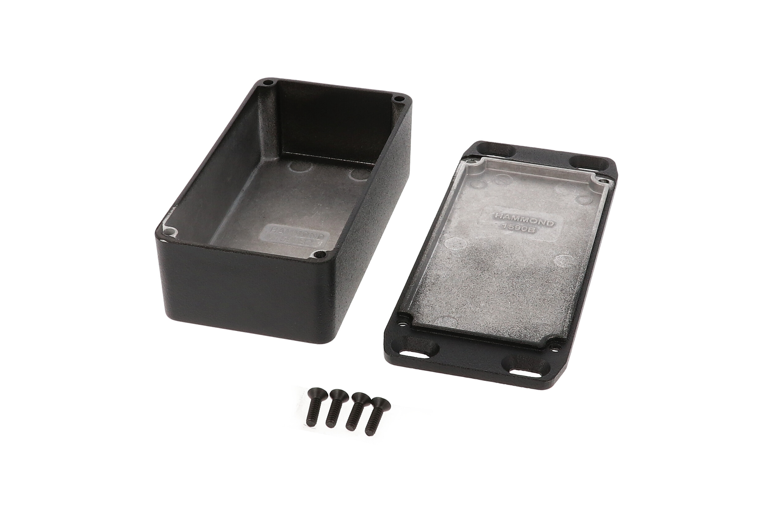 1590B2FLBK textured black diecast aluminum enclosure with flanged mounting lid