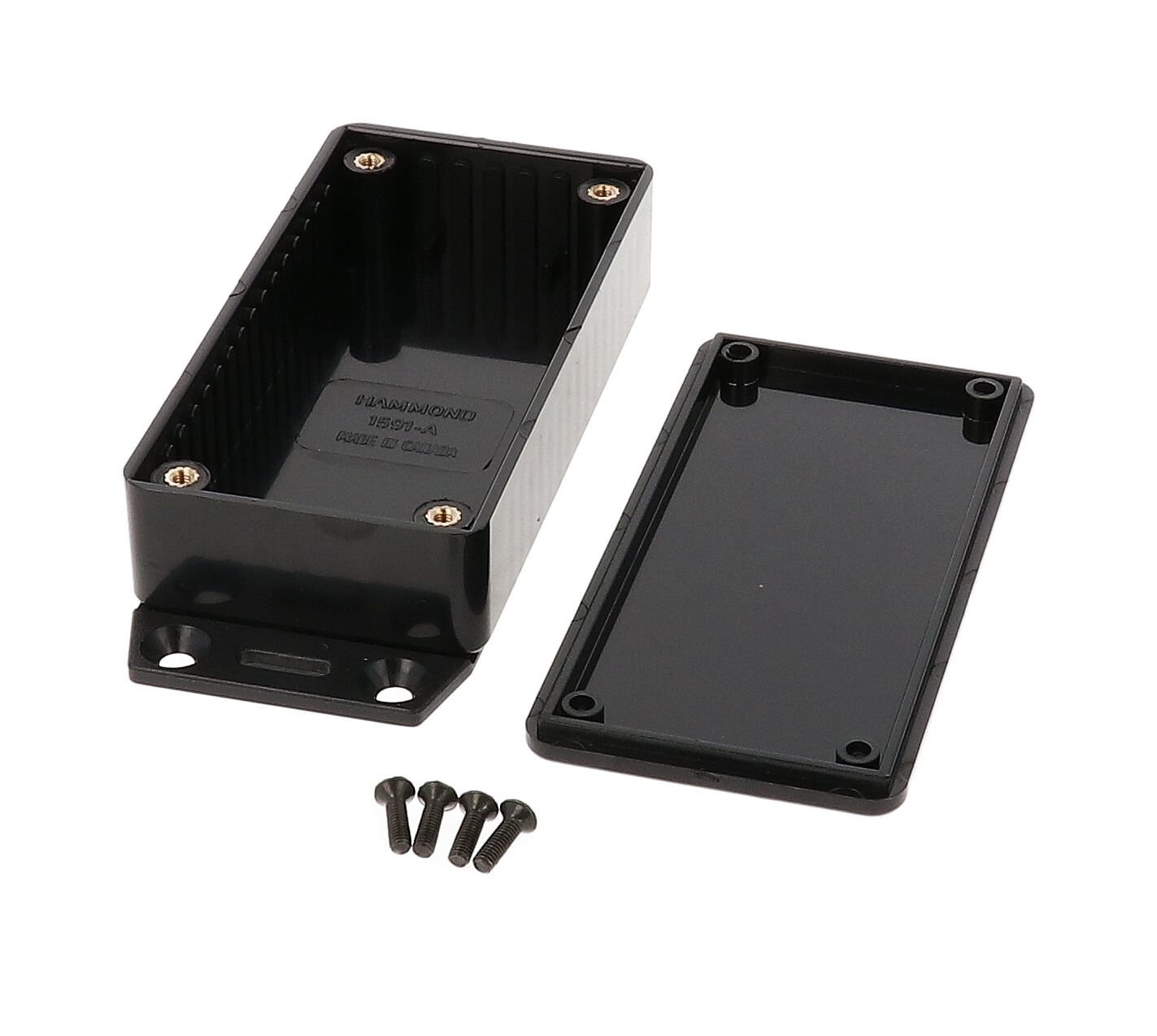 1591AF2BK black flame retardant ABS enclosure with bottom mounting flange, 100 x 50 x 25 mm