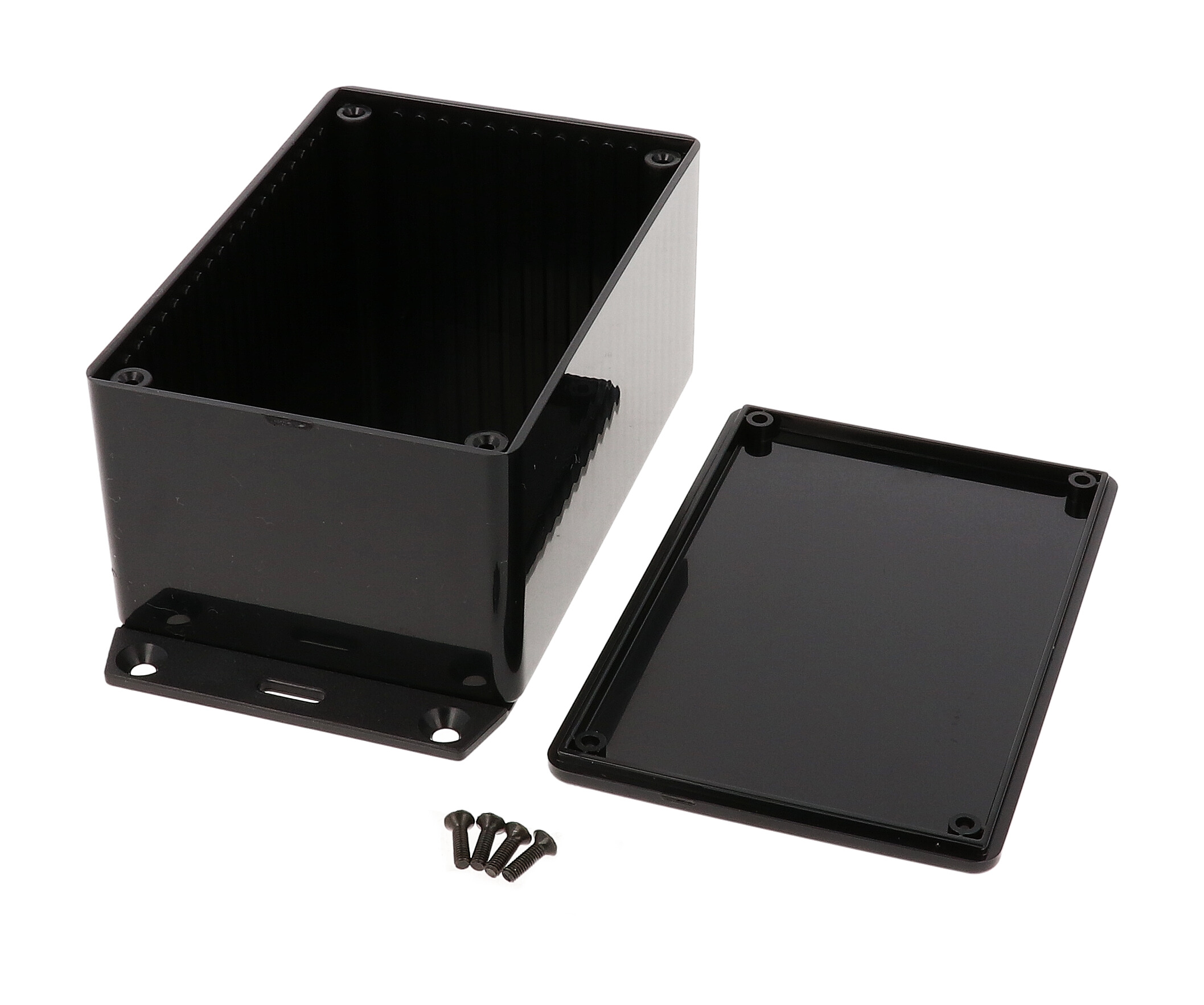1591TF2SBK black ABS plastic enclosure with bottom mounting flange, 120 x 80 x 59 mm