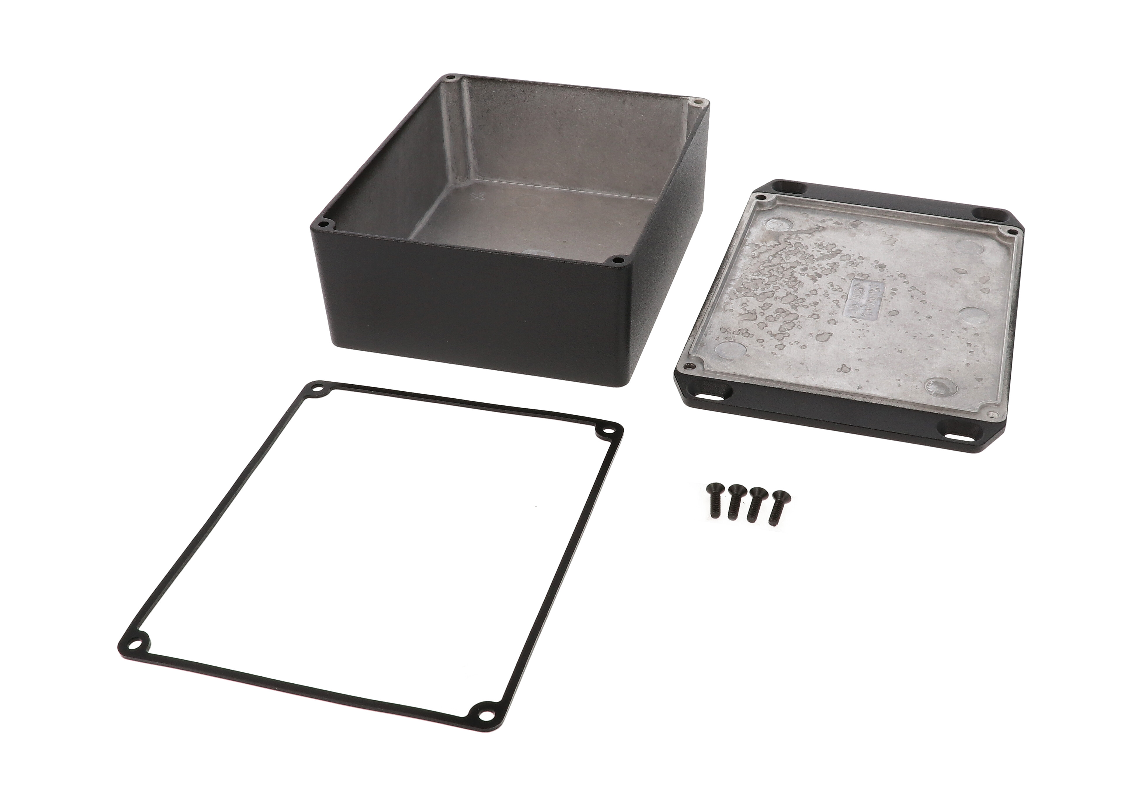 1590WXFLBK black textured watertight diecast aluminum enclosure with flanged mounting lid, 145 mm x 121 mm x 56 mm