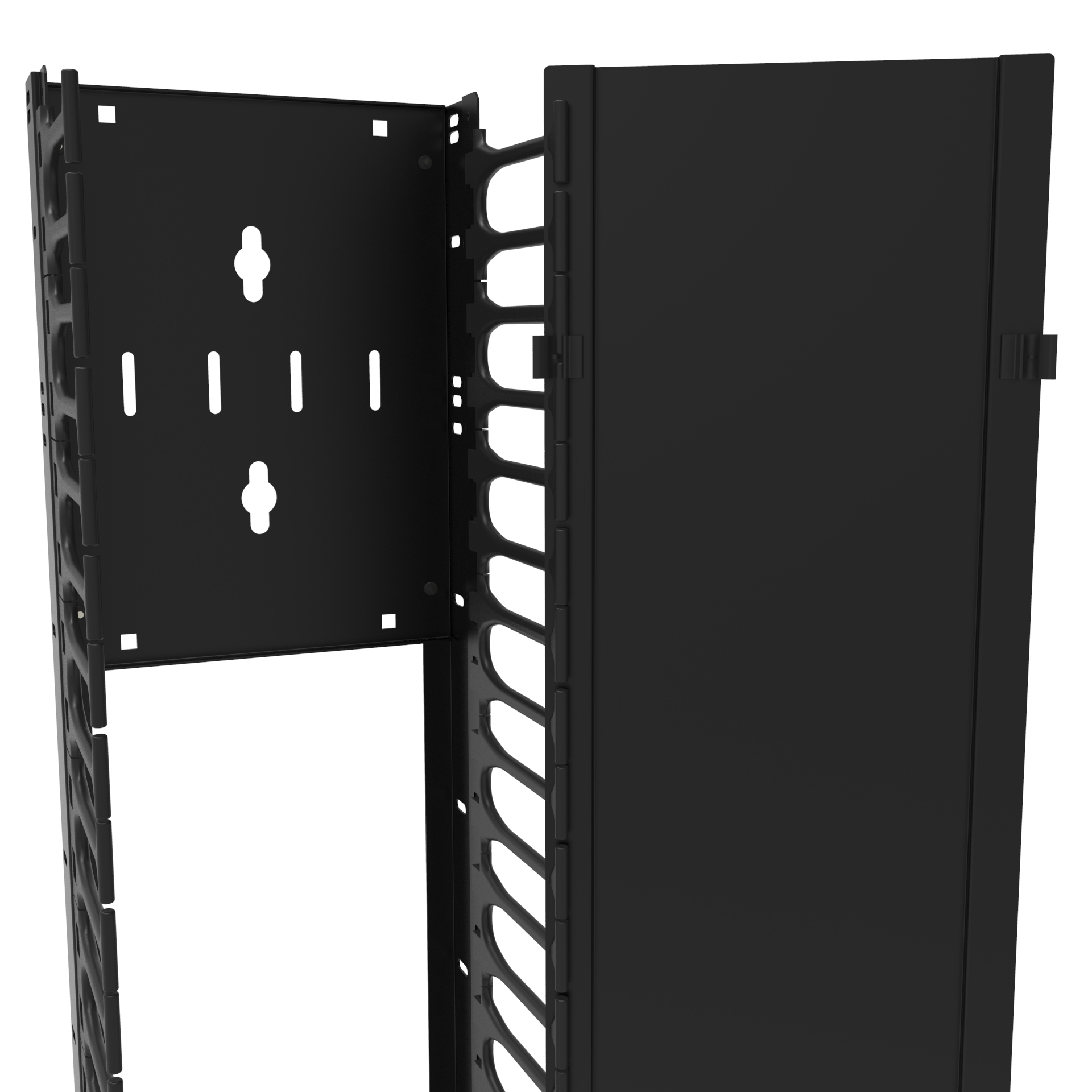 Hammond RB-VFM45-4-1 45U single-sided 4 in wide black vertical finger cable manager with removable aluminum cover for open frame racks