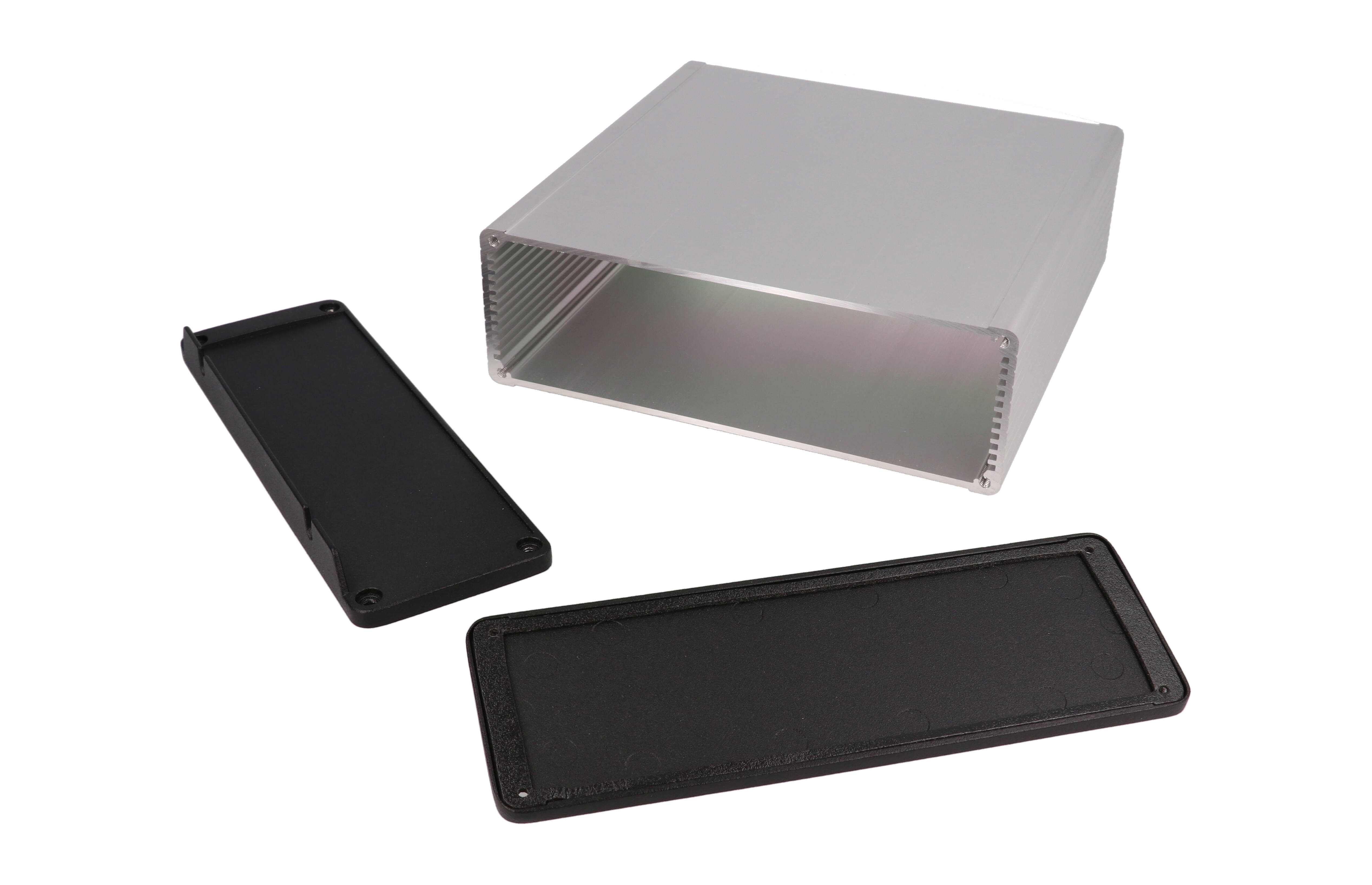 1457T1602 clear anodized 160 x 165 mm extruded aluminum enclosure with flanged black wall-mount end panels