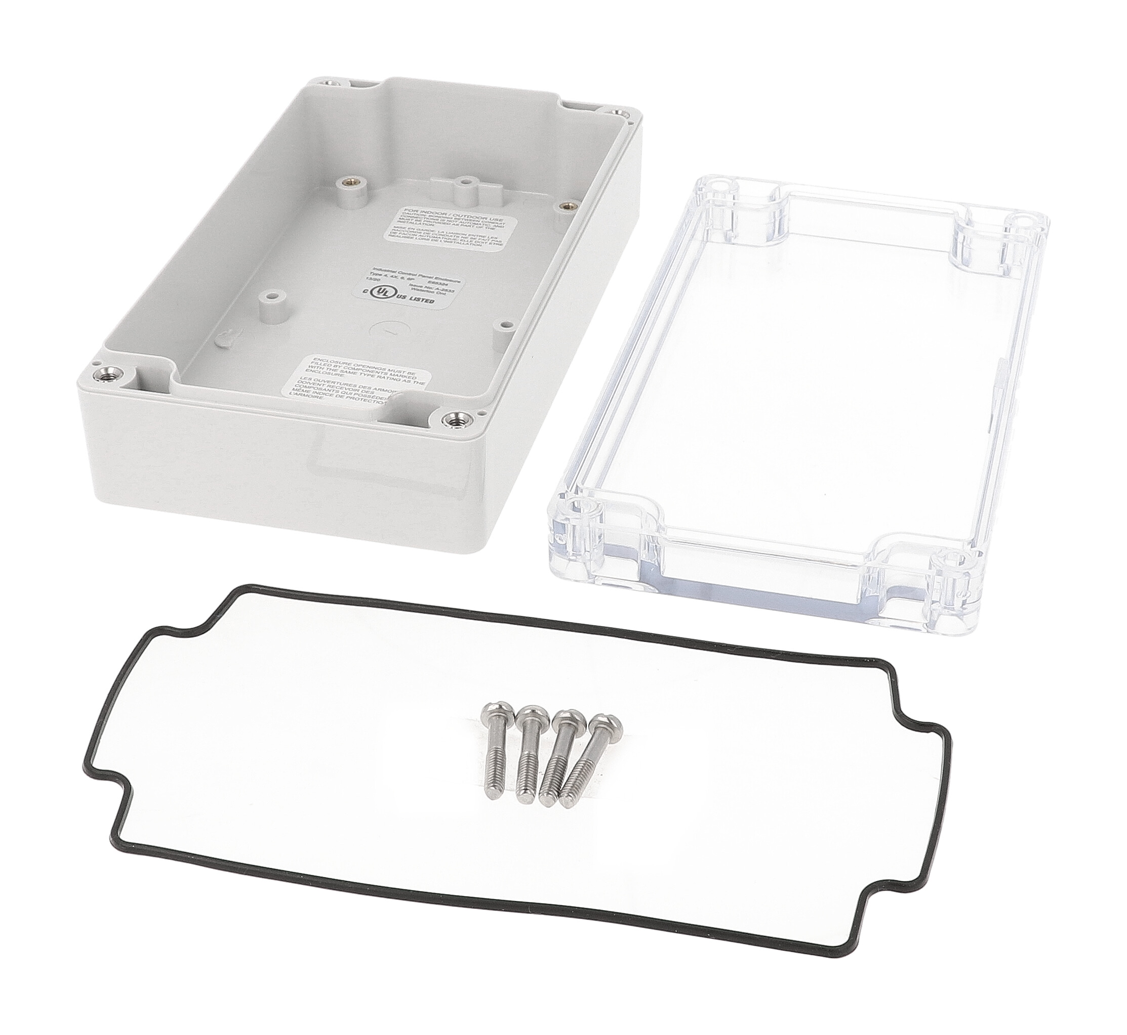 1554JL2GYCL gray polycarbonate enclosure with clear lid, 160 x 90 x 46 mm