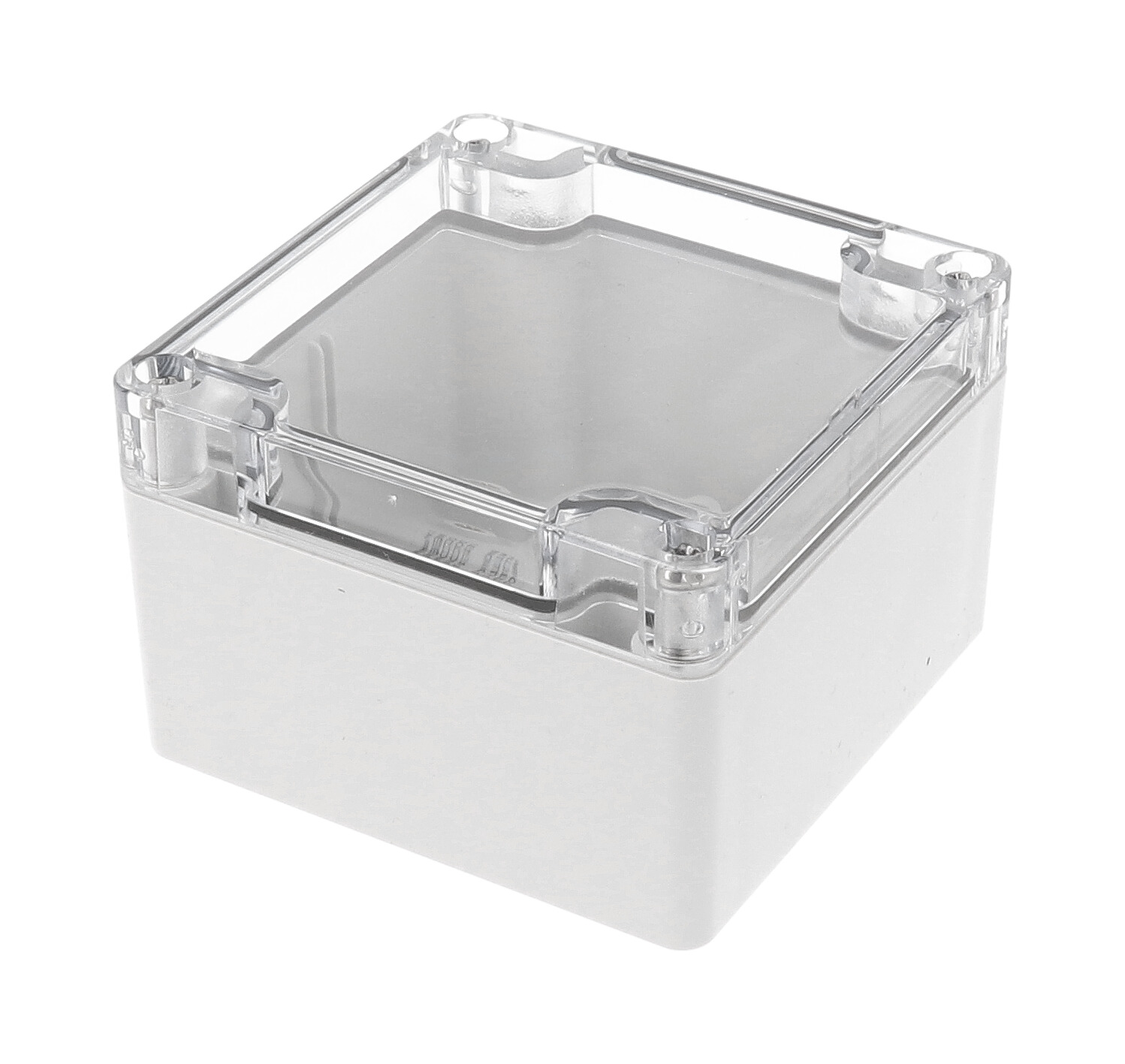 1554E2GYCL square gray polycarbonate enclosure with clear lid, 90 x 90 x 61 mm