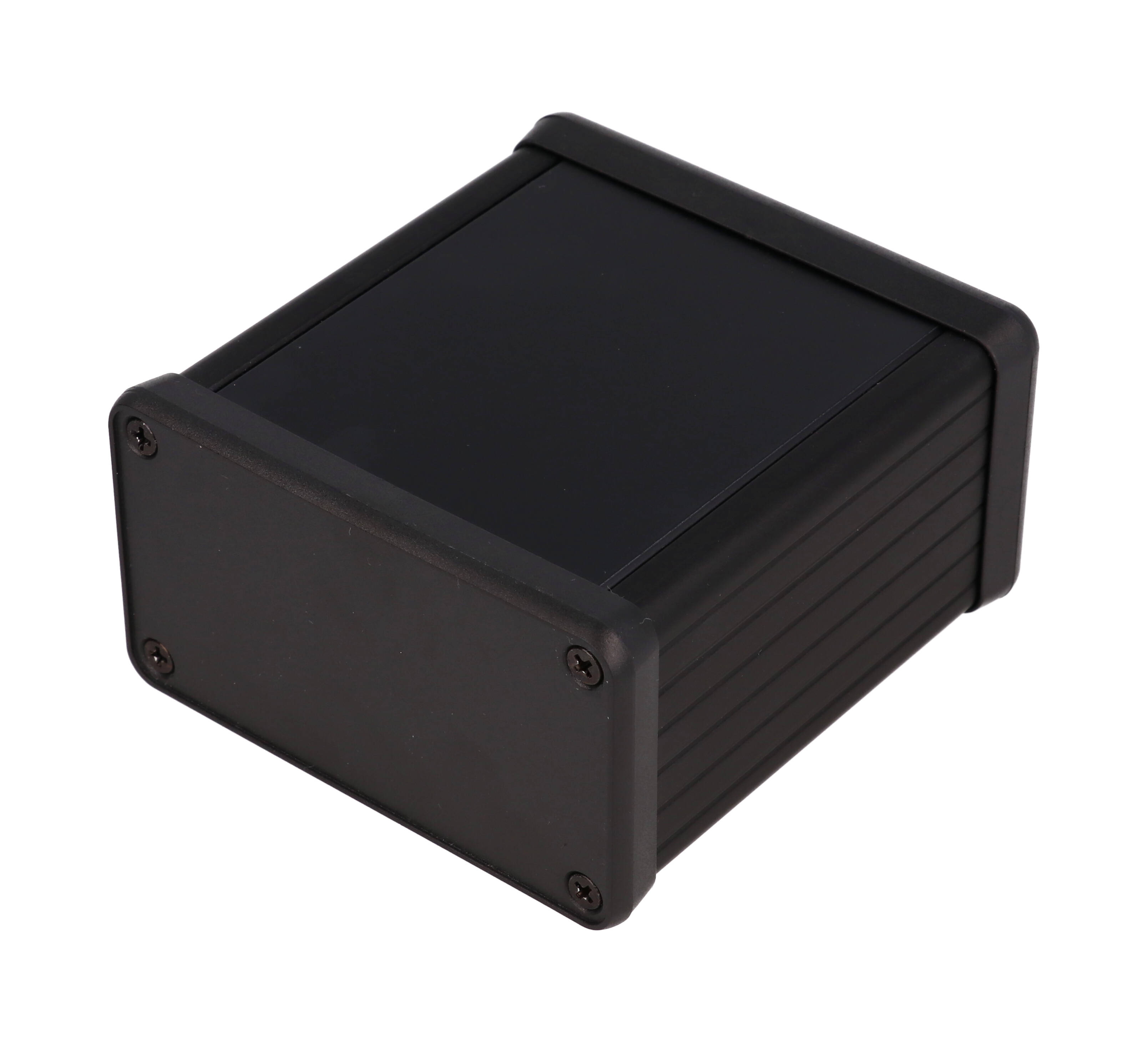 1455K802BK — extruded black aluminum enclosure w/ plastic endpanels