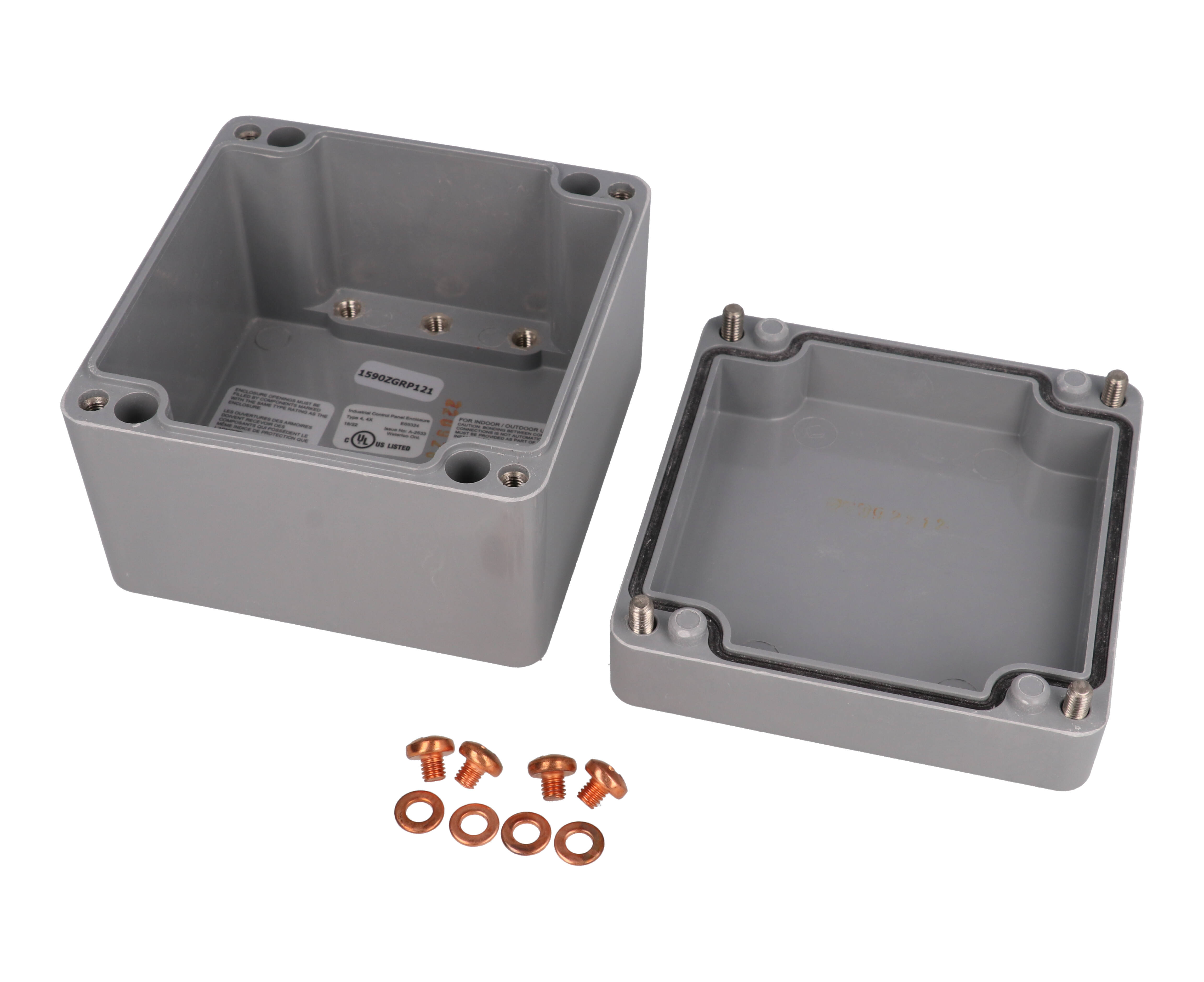 1590ZGRP121 gray glass reinforced polyester watertight enclosure, 122 x 120 x 90 mm