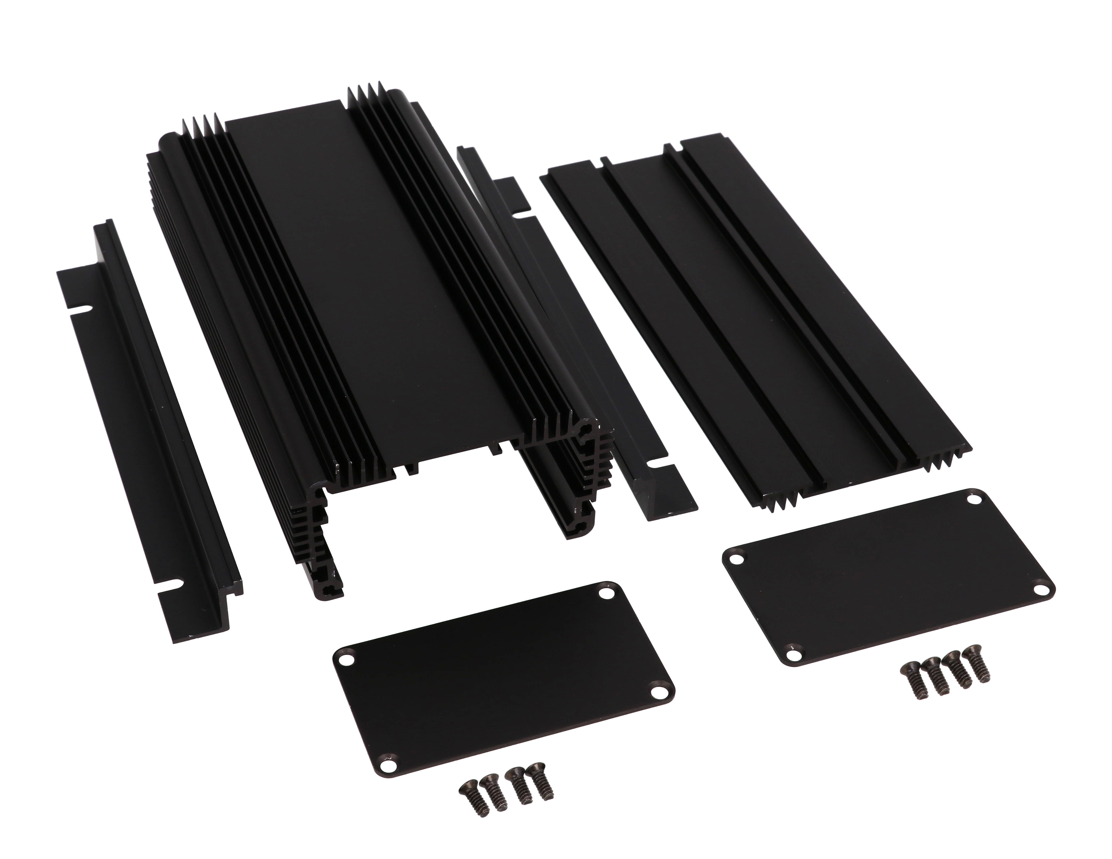 1455KHD1601BK black anodized finned heat dissipating extruded aluminum enclosure, 160 x 86 x 51 mm, with mounting flanges