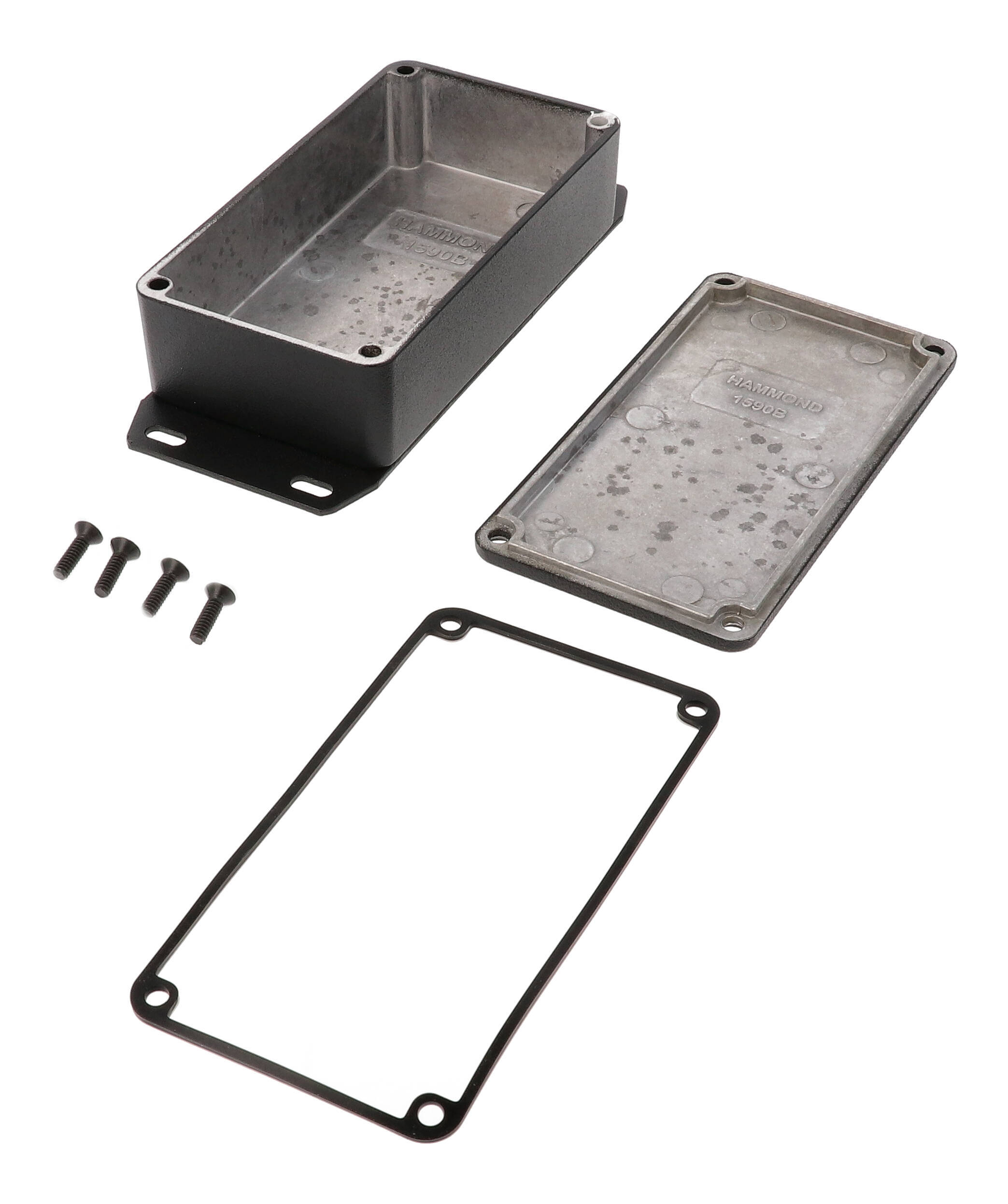 1590WBFBK black textured water-tight diecast aluminum enclosure with flanged bottom plate