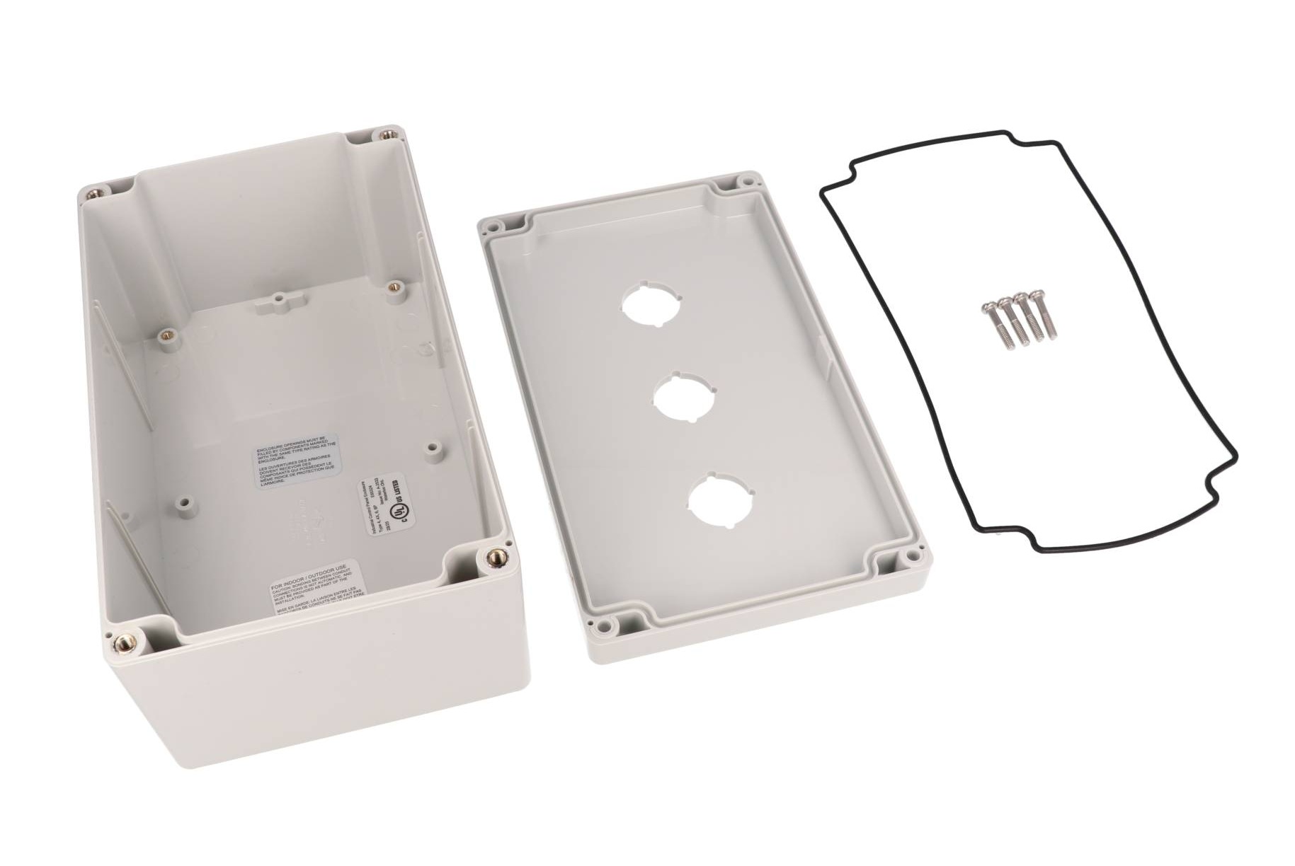 1554MPB3 light gray polycarbonate enclosure with three 22.5 mm pushbutton holes