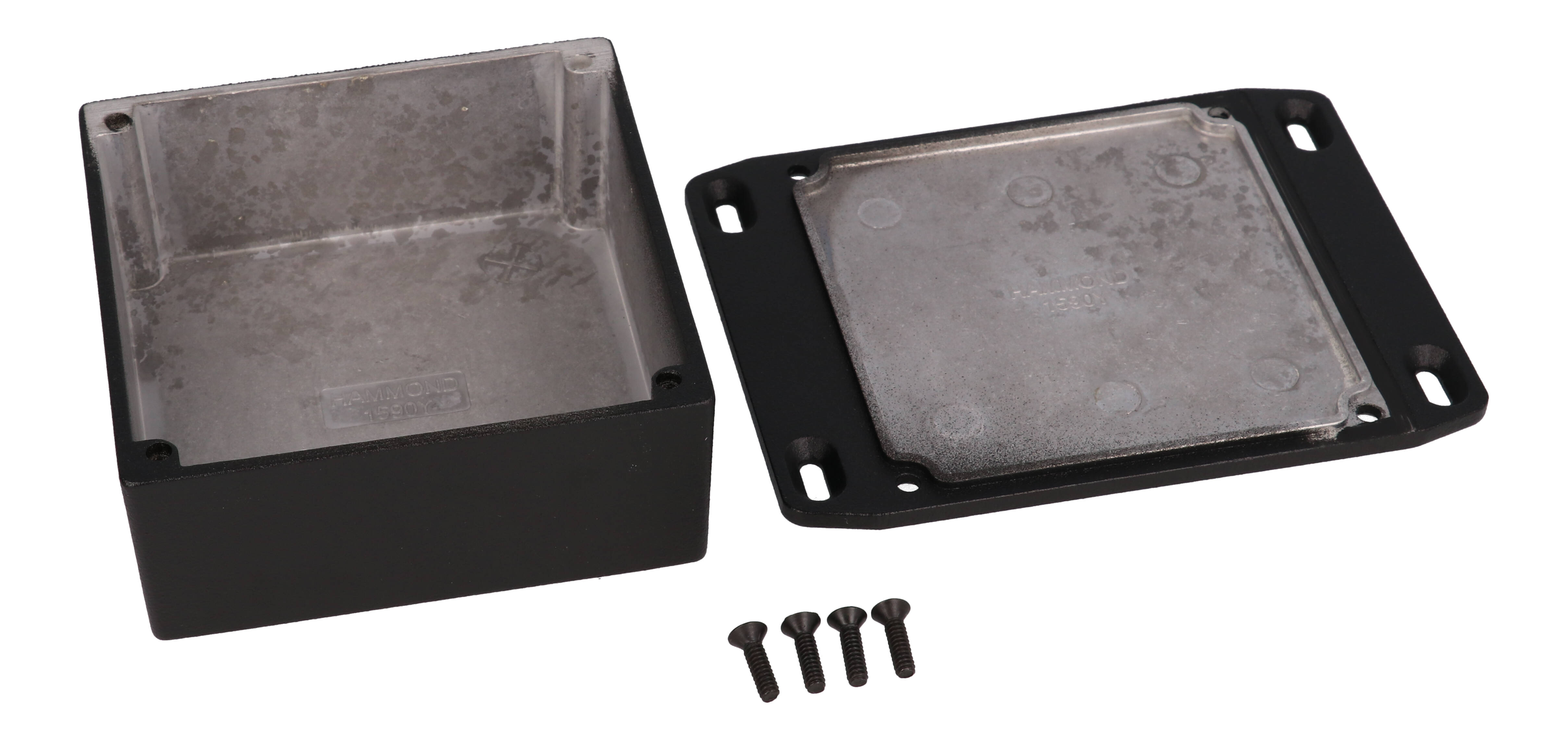 1590YFLBK textured black square diecast enclosure with integrated flanged lid