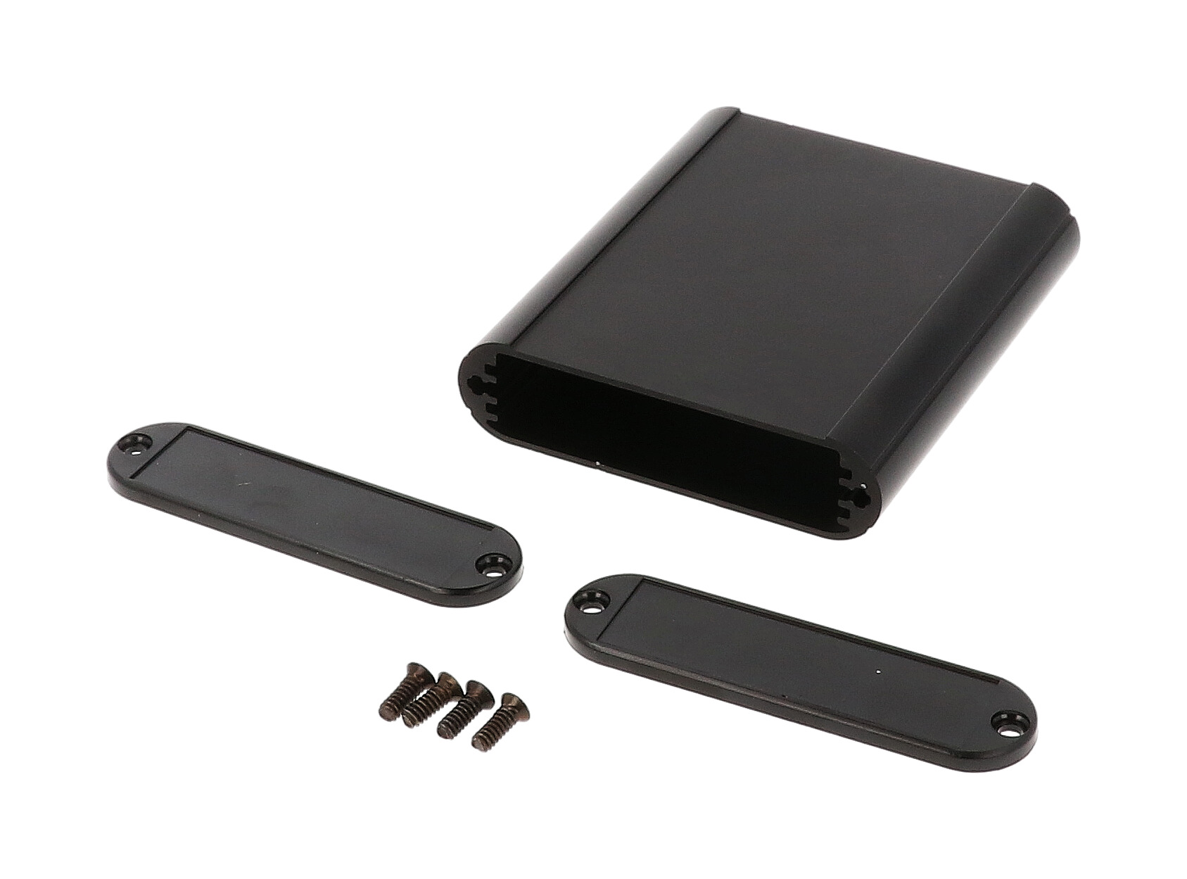 1455B802BK black anodized extruded aluminum PC board enclosure, 80 x 72 x 19 mm, with plastic end panels