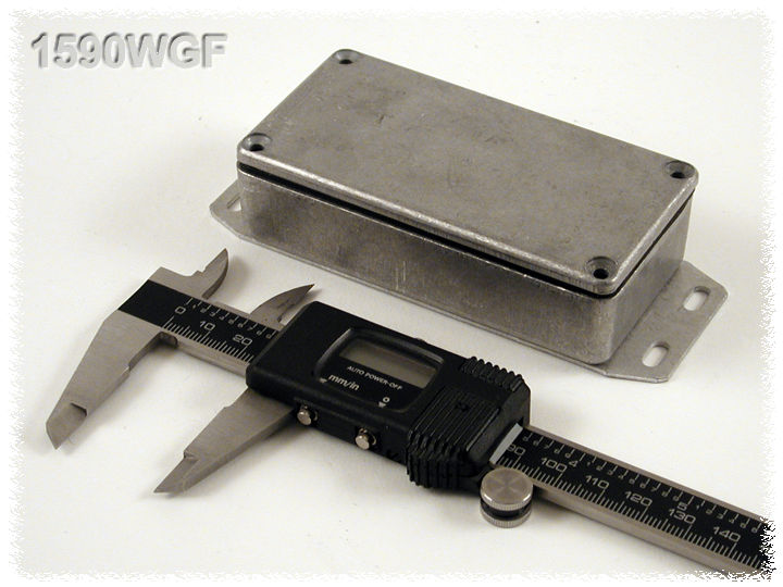 1590WGF natural aluminum IP65 watertight diecast enclosure, 100 x 50 x 25 mm, with flanged bottom plate