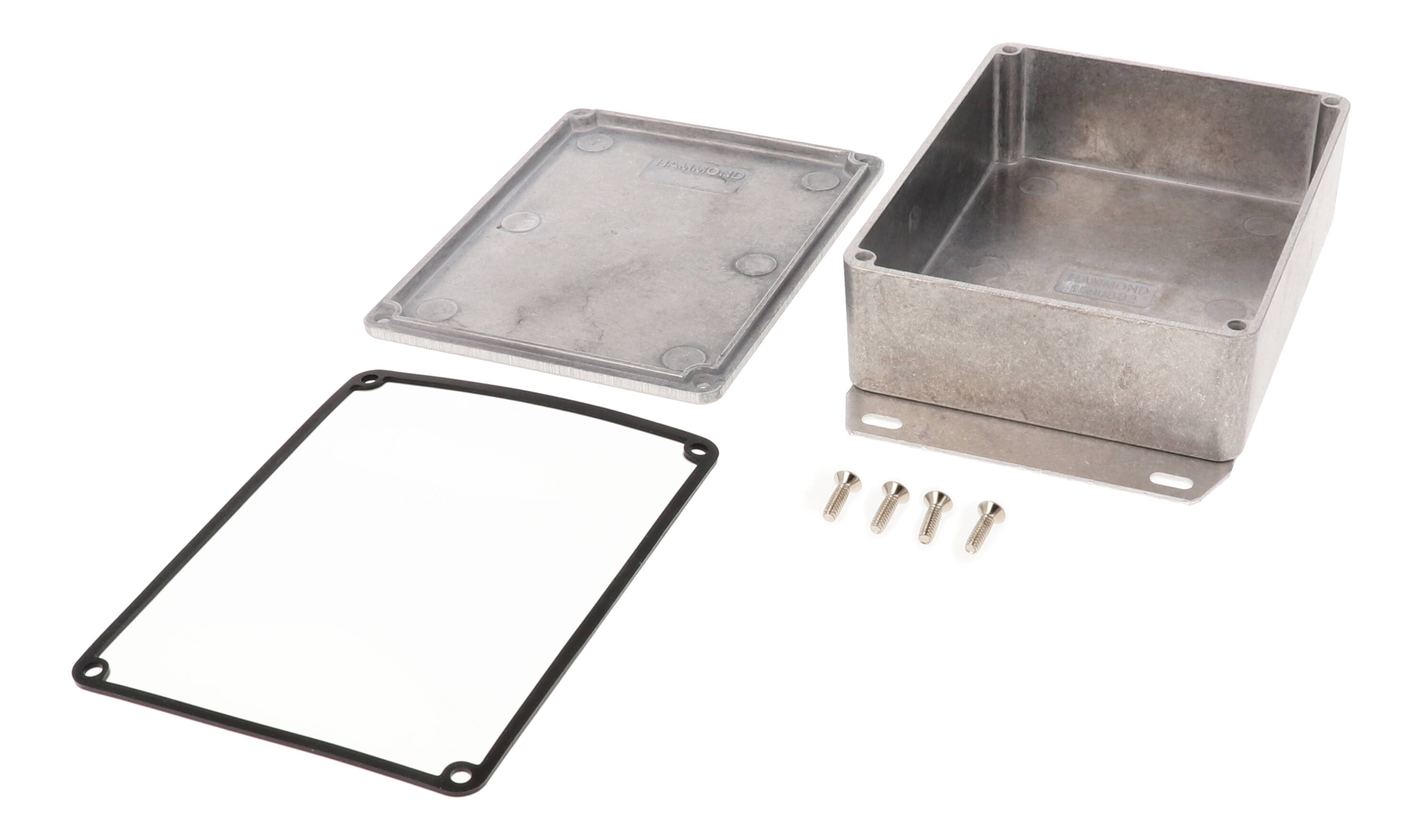 1590WBB2F natural aluminum IP65 watertight diecast enclosure, 120 x 94 x 38 mm, welded flanged bottom plate