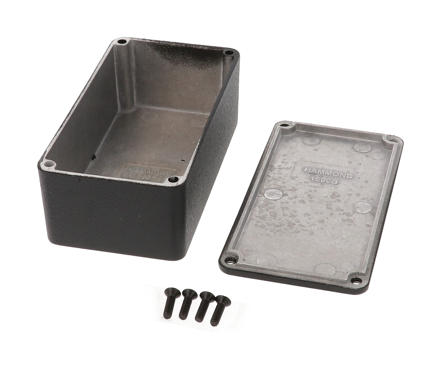 1590BSBK black textured diecast aluminum enclosure with black cover screws