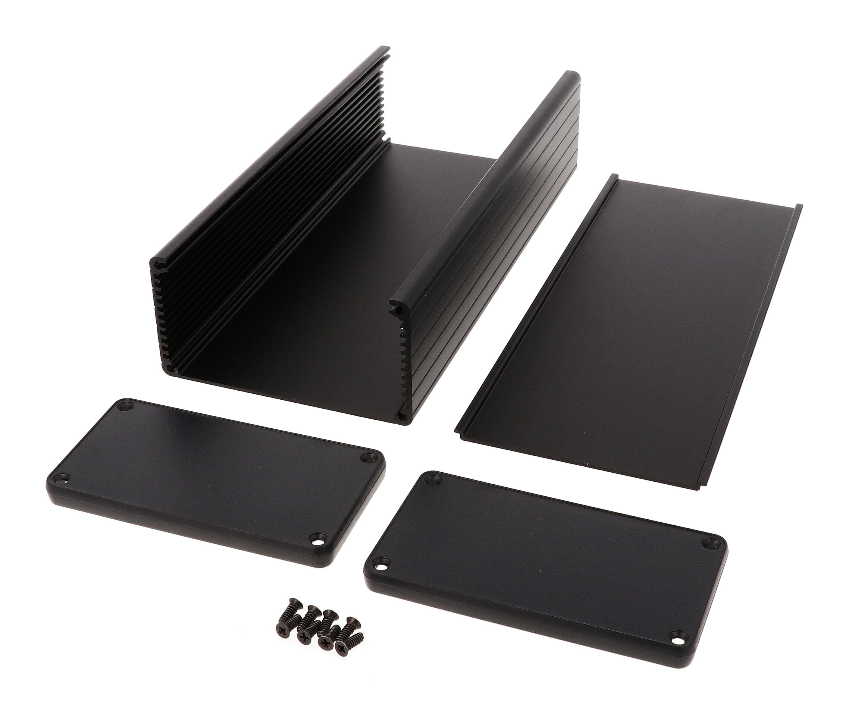 1455N2202BK black anodized extruded aluminum enclosure, 220 x 103 x 53 mm, with plastic end panels