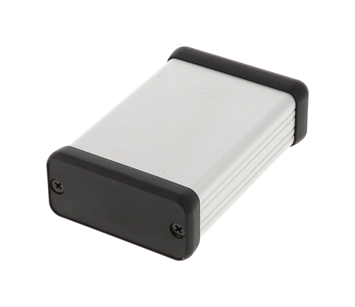 1455C802 clear anodized extruded aluminum PC board enclosure, 80 x 54 x 23 mm, with plastic end panels